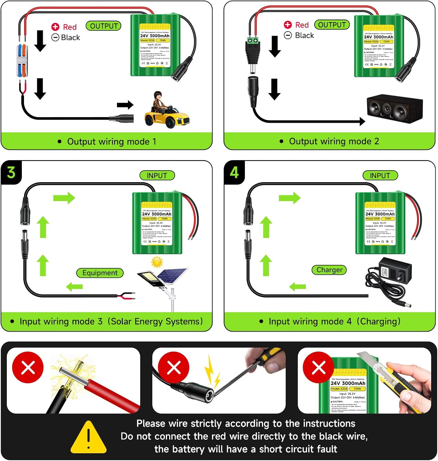 CITYORK 24V 3000mAh 24 Lithium Battery with Charger, Bare Leads, Volt Rechargeable Battery Compatible with DIY Project