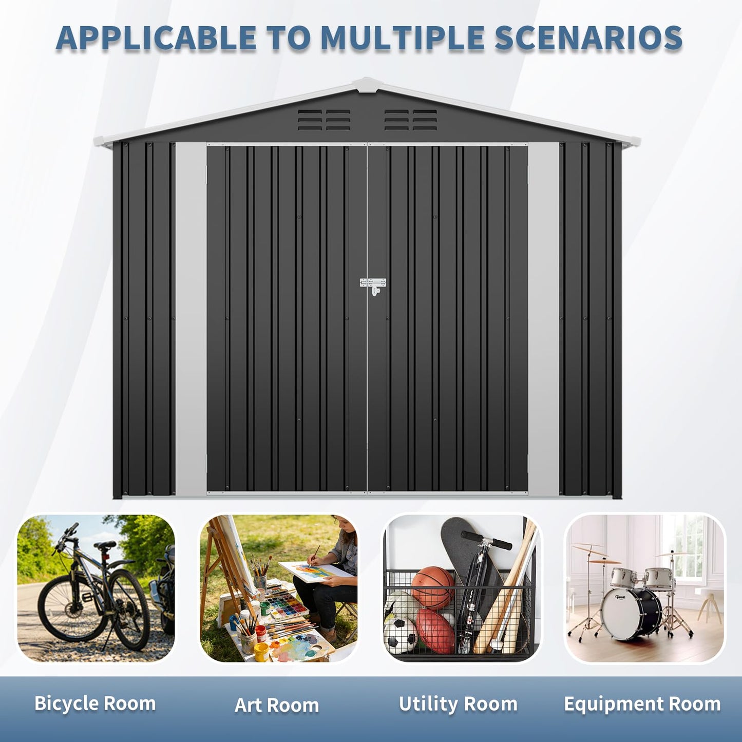 KEIKI 8x4 FT Outdoor Metal Storage Shed with Lockable Door, Heavy Duty Galvanized Steel Garden Tool Shed with Sloped Roof and Air Vents, Weatherproof Backyard Organizer for Patio Lawn, Black