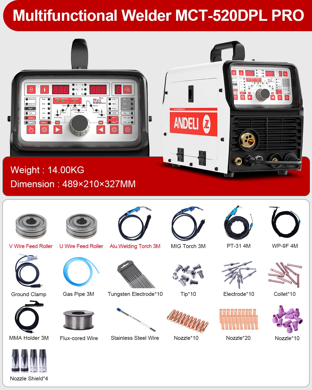 ANDELI 220V Aluminum MIG Welder,MIG TIG CUT COLD & MMA MIG Welding and Flux Welding without Gas Cold Welder 5 in 1 Multiprocess Welder Aluminum Welding Machine MCT-520DPL Pro