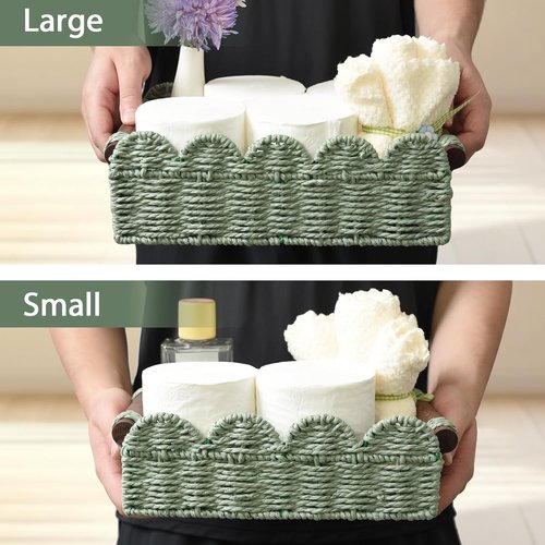 Handwoven Wicker Basket Set of 2 - Small Scalloped Toilet Paper Storage with Built-in Handles | Green