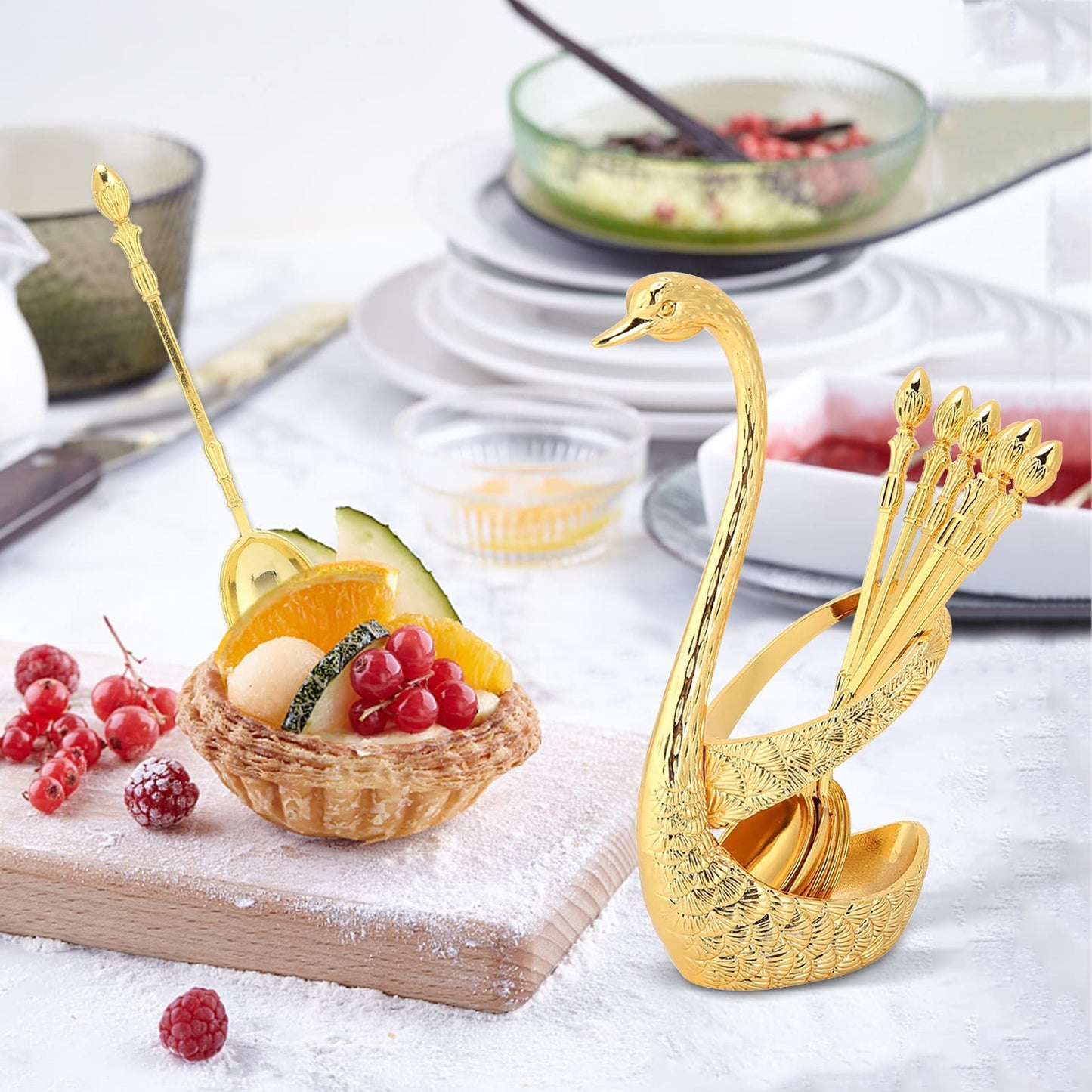 Gold Coffee Spoon for Coffee Bar, 6pcs 5in Long Coffee Stir Spoon Crown Handle Dessert Spoons Tea Spoons Espresso Spoons with Decorative Swan Base Holder (Gold)