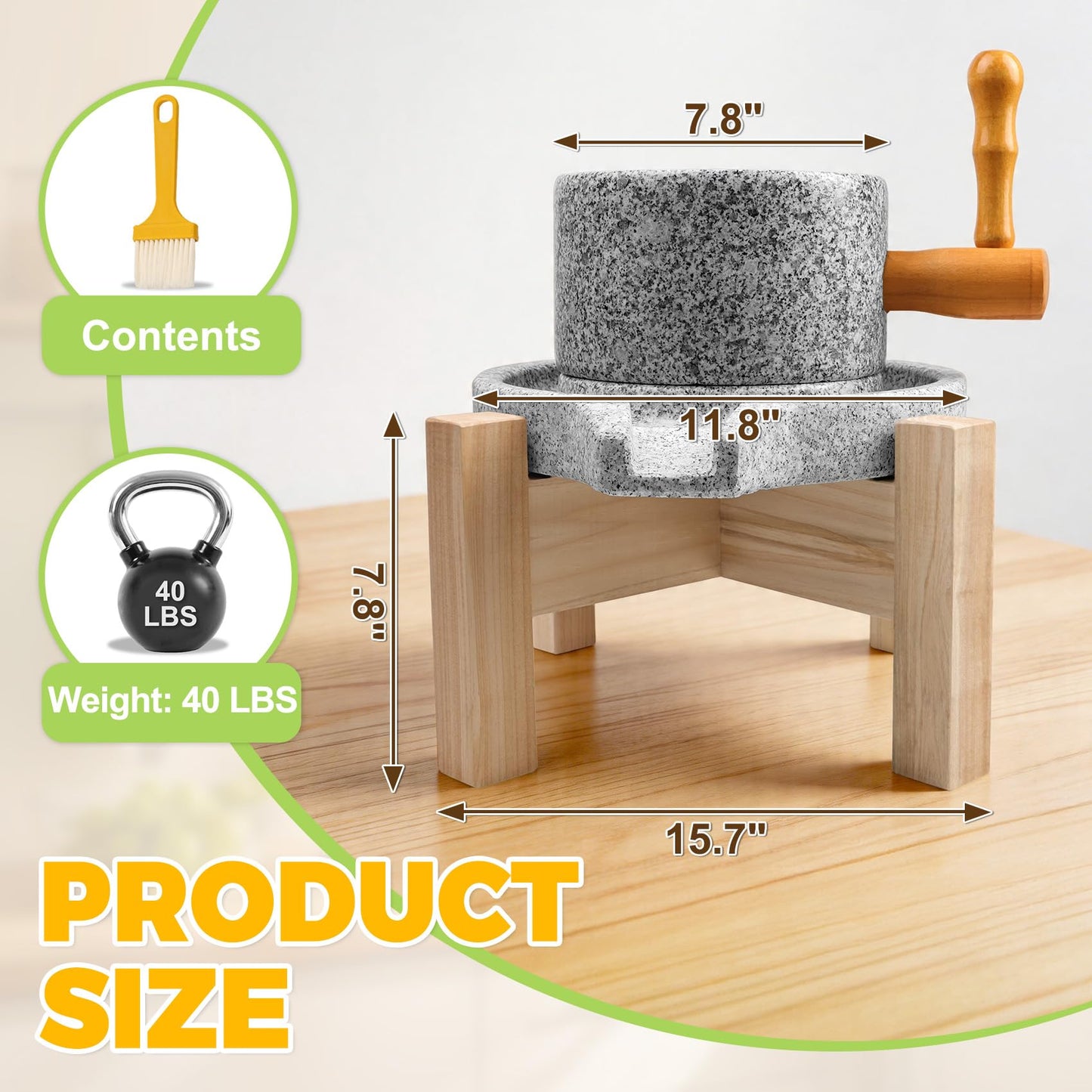 Natural Stone Grain Mill, Manual Granite stone grinder with Wooden Base & Heavy-Duty Handle, Stone Mill for Flour for Grain & Spice Grinding, stone flour mill grinder for Home Kitchen