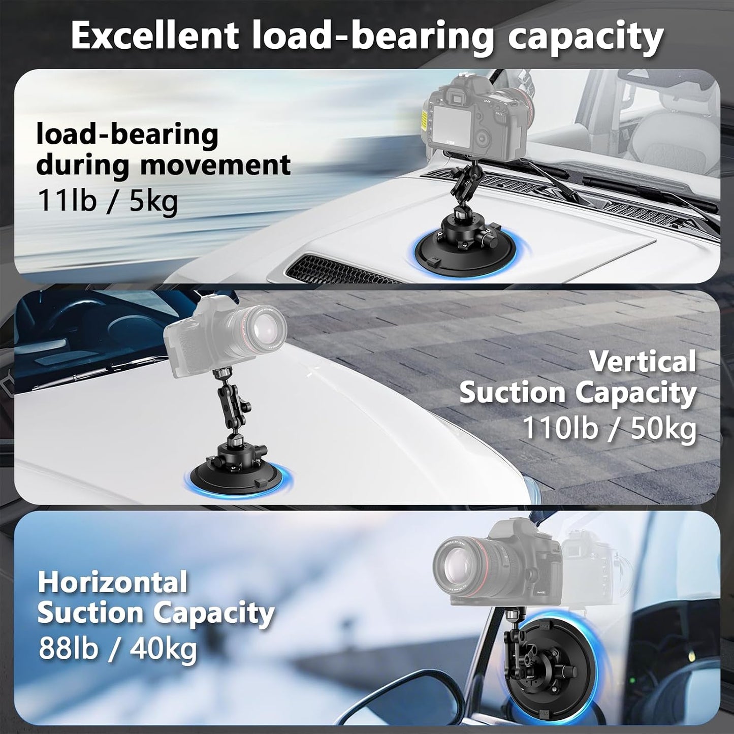 CAMEDAFLX 6" 1/4",1/8" Camera Suction Cup Mount with Ball Head Magic Arm,Quick Release Metal Vacuum Suction Cup Mount