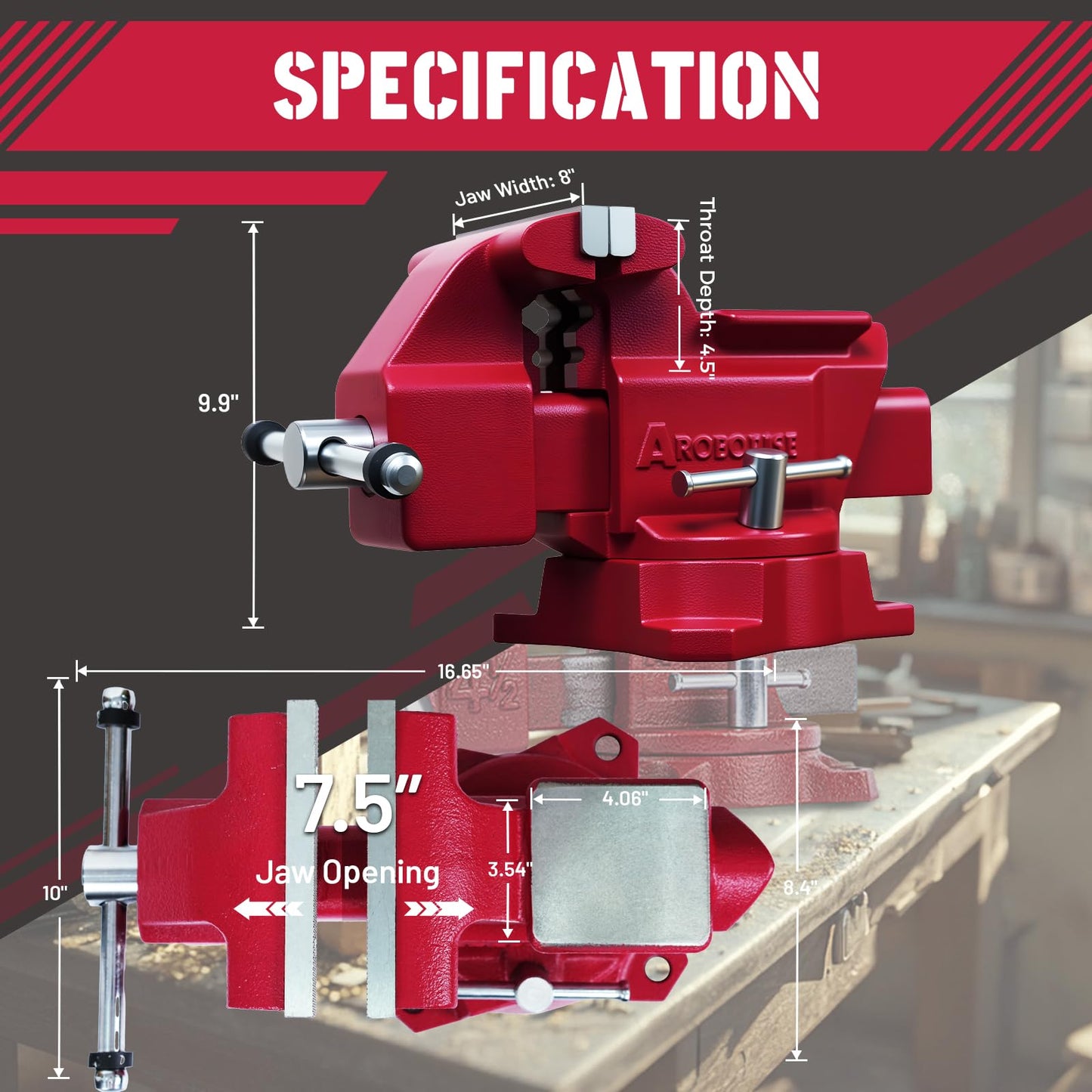 AROEDVISE 8" Bench Vise, 7.5" Jaw Opening, 210° Swivel Base, Large Capacity Cast Iron Vise with Anvil & Multi-Jaw Design for Workshop, Home, DIY & Repair (RD80)