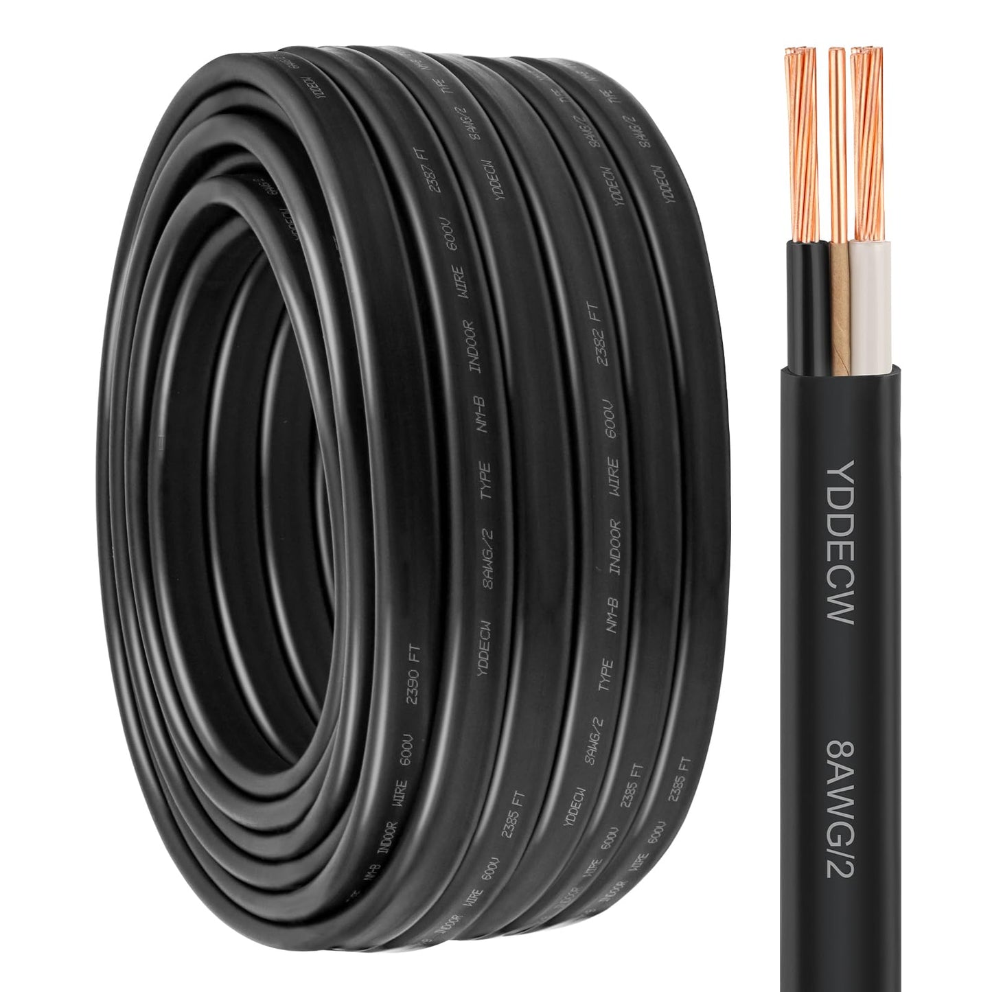 YDDECW 8/2 NM-B Wire with Ground - 100FT 8 Gauge Non-Metallic Sheathed Cable Pure Copper 8 AWG 2 Conductor Residential Indoor Wire for Outlets, Switches and Other Loads etc.