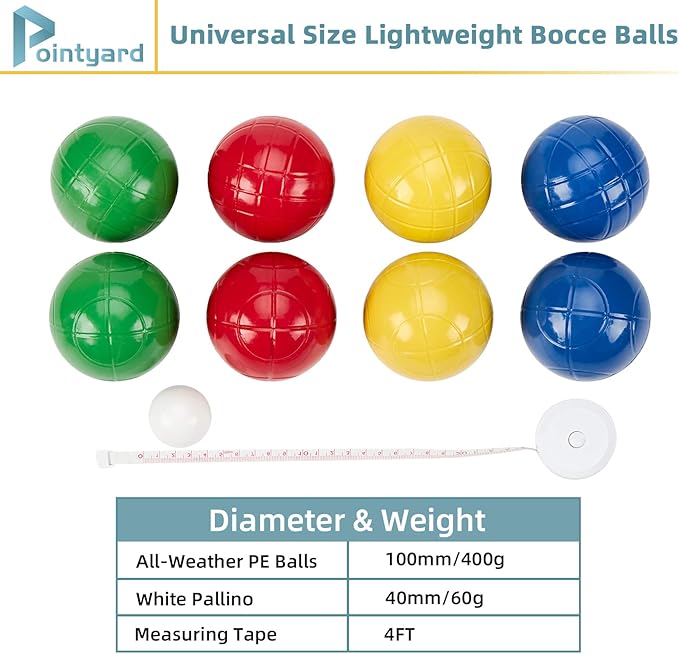 Pointyard 100mm Bocce Ball Set, Regulation Bocci Ball Set with 8 PE Bocce Balls/1 Pallino/Carrying Bag/Measuring Tape - Outdoor Family Bocce Game for Backyard/Lawn/Beach (Red,Blue,Green,Yellow)