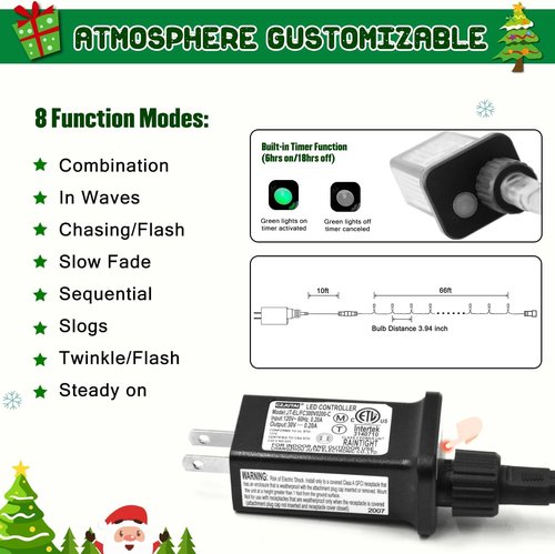 JMEXSUSS 200 LED White Christmas Lights - 66ft Waterproof Twinkle String Lights for Indoor/Outdoor Use | 8 Modes, Green Wire