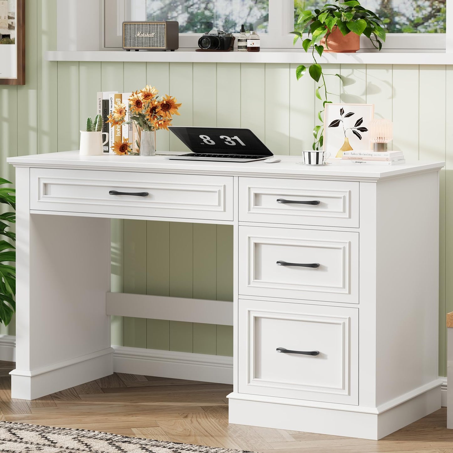Halitaa Farmhouse 47" Executive Desk with File Drawer, Computer Desk with 4 Drawers, Workstation for Writing, Study, Home Office, Cream White.