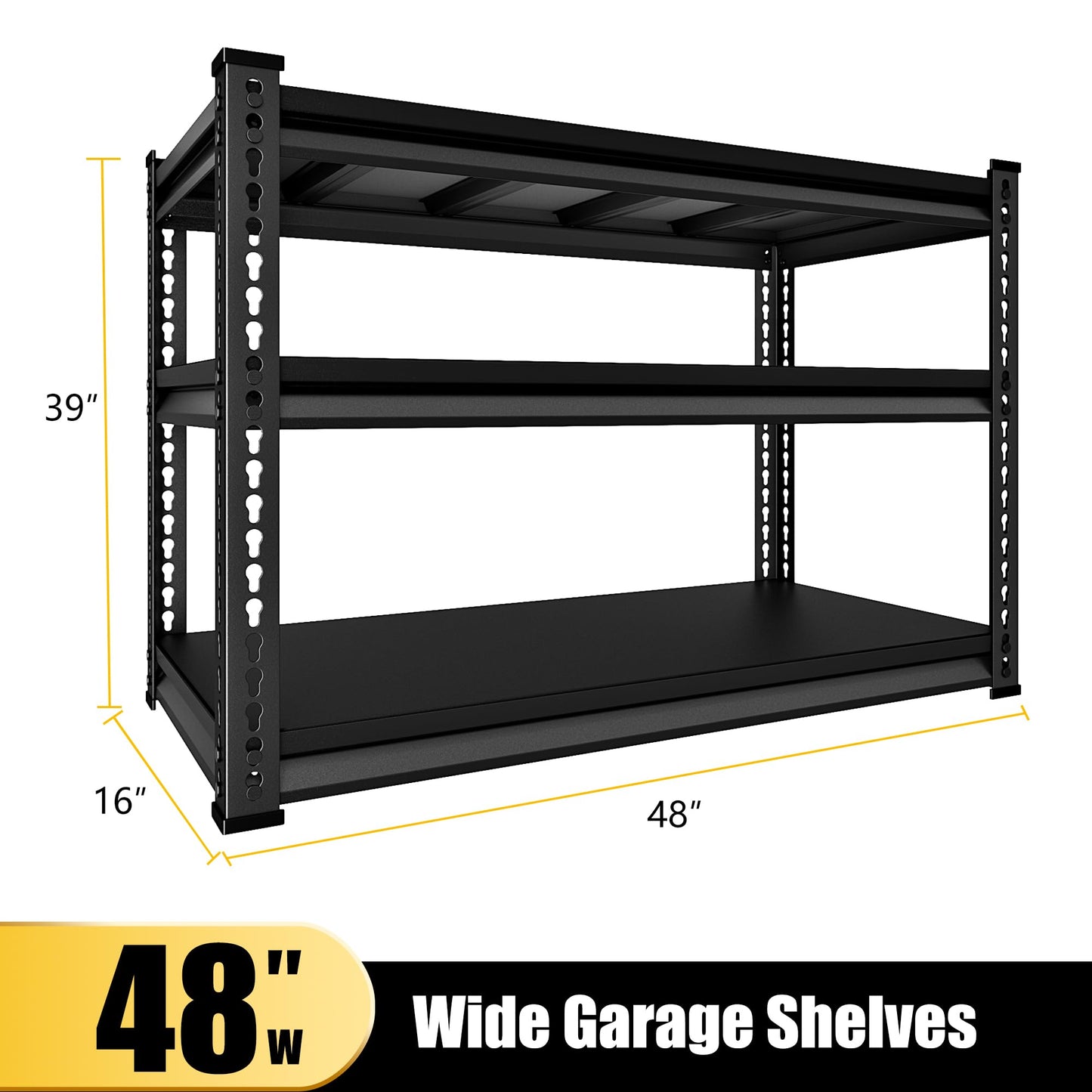 SDXYSTCE 48" W Garage Shelving Heavy Duty, 1500LBS Loads Shelving Units and Storage Racks, 3-Tier Metal Garage Storage Shelves, Industrial Utility Shelf Heavy Duty,48" Wx16 Dx39 H, Black