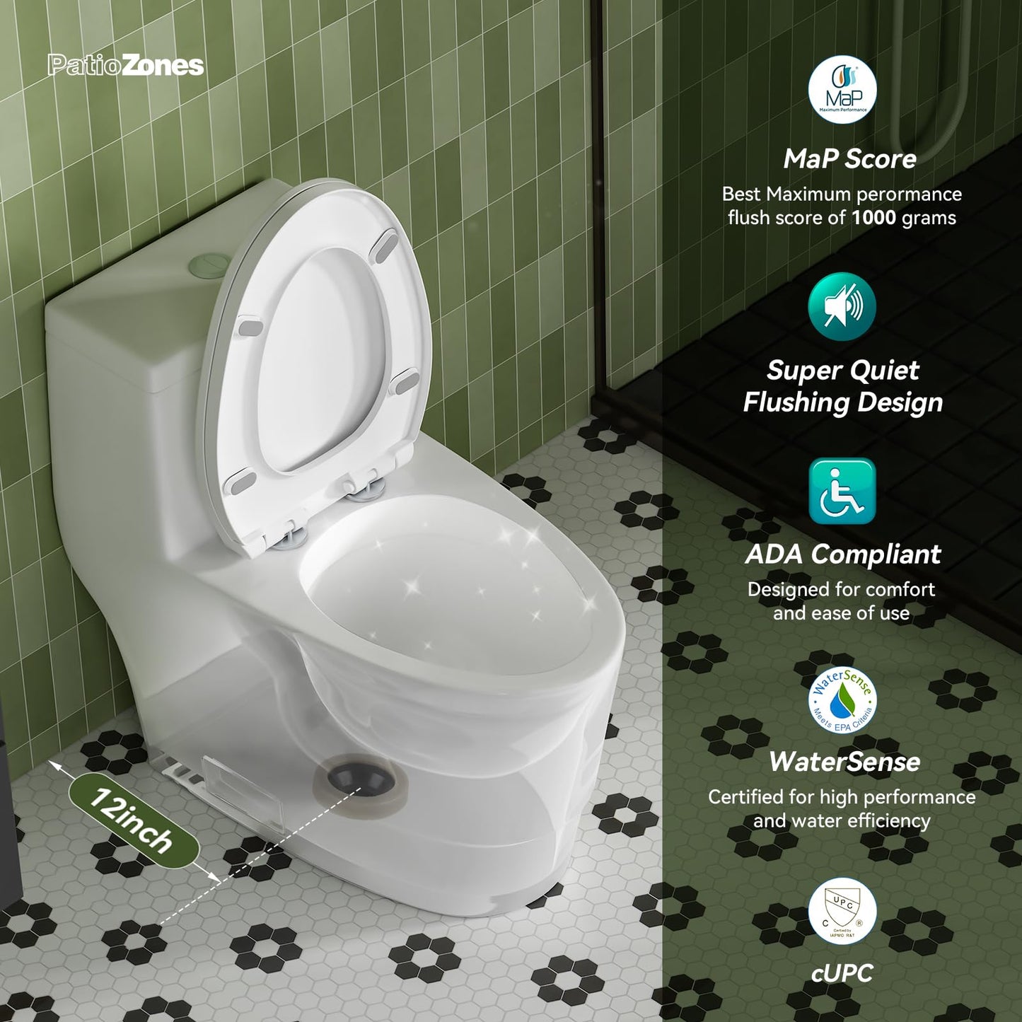 One Piece Elongated Toilet with 17.3" ADA Comfort Height and Soft-Closing Seat, Poweful Dual Flush 0.8/1.28 GPF, 12'' Rough-In Standard Toilet for Bathroom, Ceramic Nano-Glazed Surface, Full Skirted