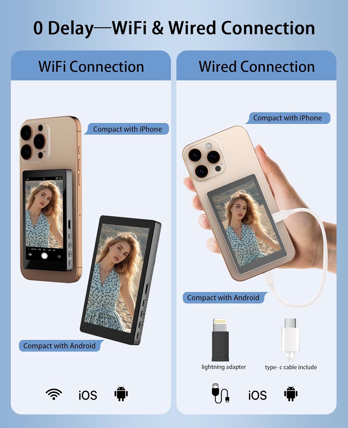 2000mAh 3-Level 4K/30FPS FLATIC Selfie Monitor Screen for iPhone & Android, Back Camera Vlog Selfie Monitor
