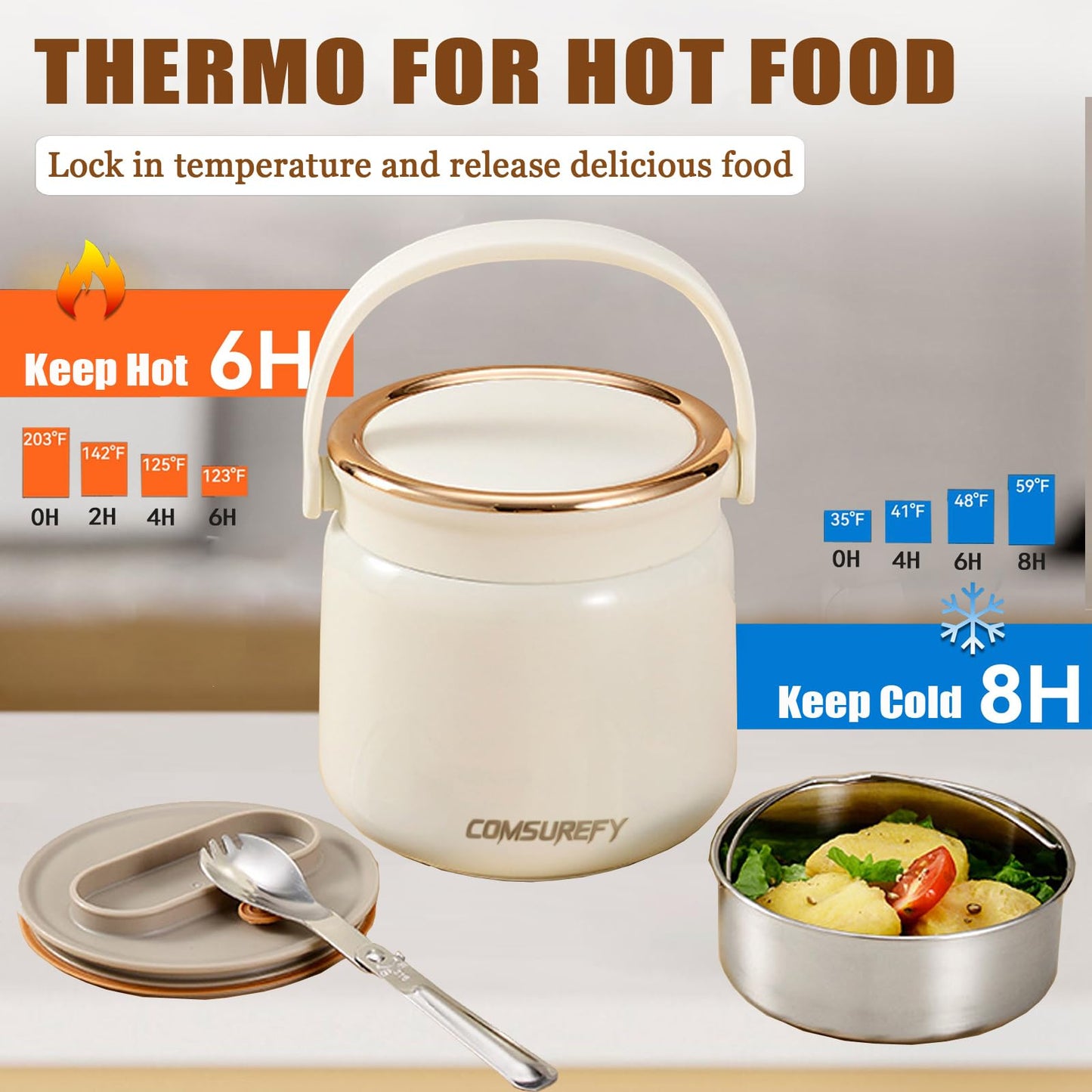 COMSUREFY 40oz/1.2L Thermo for Hot Food for Adults - 18/10 Stainless Steel Vacuum-Insulated Double-Wall, 100% Leak-Proof Wide Mouth, with Folding Spoon for Office/Travel/Outdoor