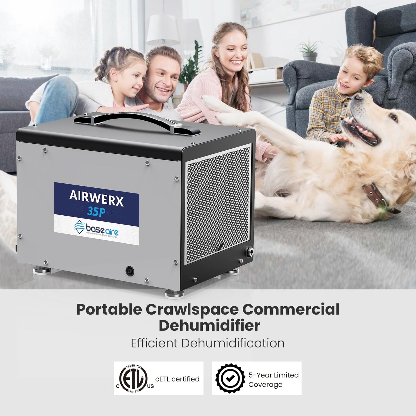 BaseAire Crawlspace Dehumidifier with Pump, Intelligent Dehumidifiers for Commercial, Basement, 70 pints, Compact, Auto Defrost, Memory Starting, Up to 1000 Sq Ft