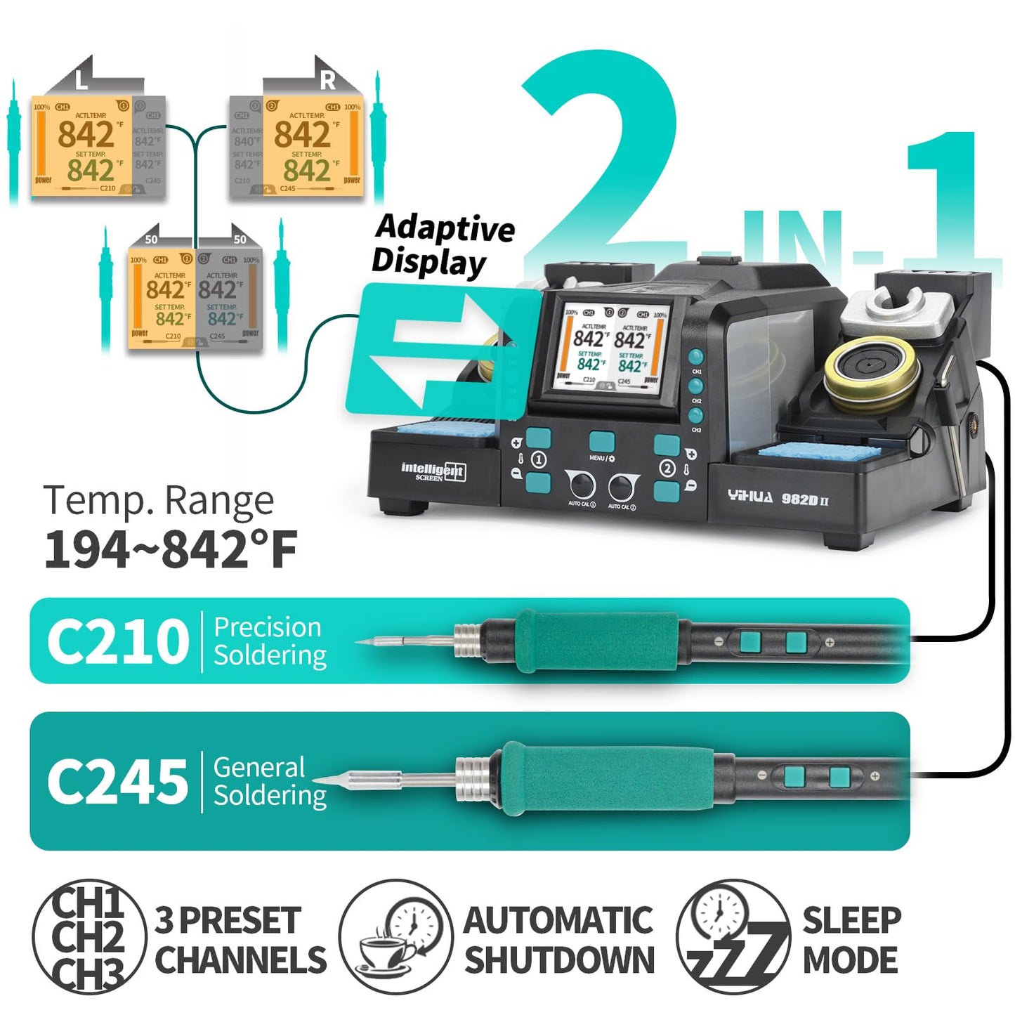 YIHUA 982D-II 2-IN-1 Digital Soldering Iron Kit, Precision Soldering Station with C210 and C245 Precision Soldering Iron, Auto Calibration, Adaptive Display, PID Temperature Control, Rapid Heating
