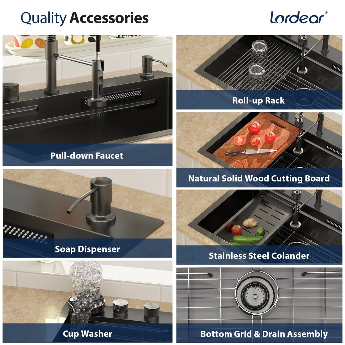 Lordear 30 Drop In Kitchen Sink with Faucet 30x22 Inch Black Waterfall Kitchen Sinks Topmount Stainless Steel 16 Gauge Single Bowl Workstation Kitchen Sink With Faucet Combo
