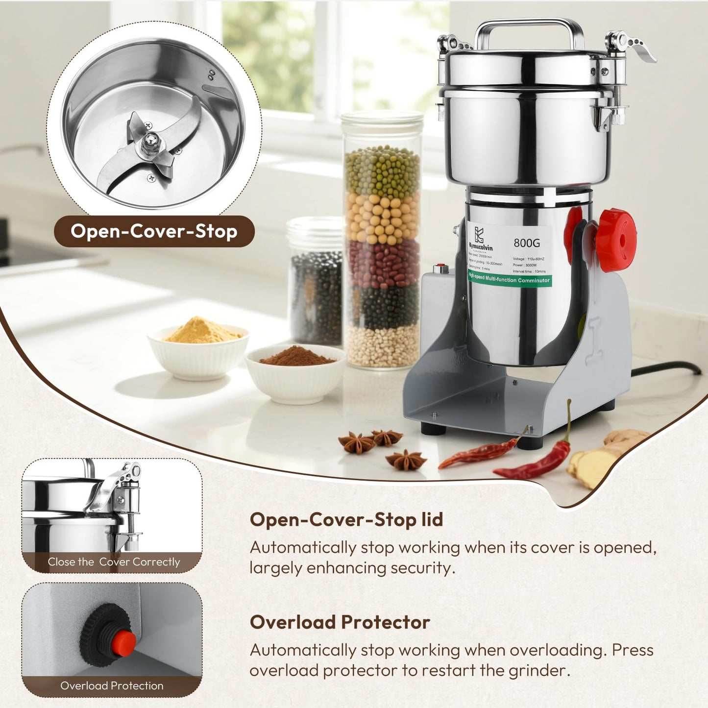 Kymucolvin Electric Grain Mill Grinder-800g 110V 3000W Performance Grain Mill,Suitable for Kitchen, Household,Commercial Use of Crushing Dry Grains,Spices,Herbs,Coffee,Corn,Pepper Grinder.(800g)