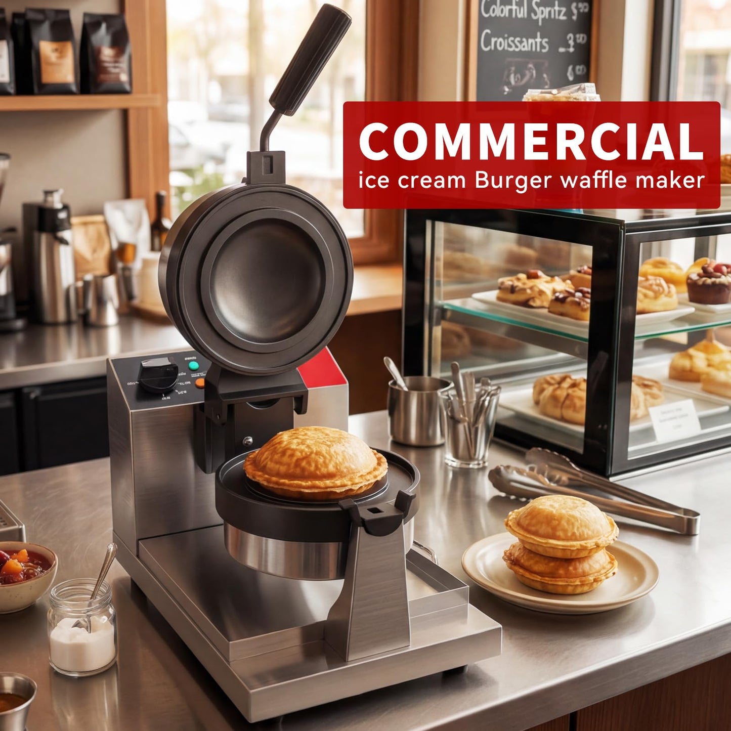 CROSSON Ice Cream UFO Burger Maker, Commercial Electric Burger Waffle Maker Sandwich Machine Rotating 180°Non-Stick Plate Machine/Adjustable Temperature and Timer for Restaurant Bakeries 120V/1300W