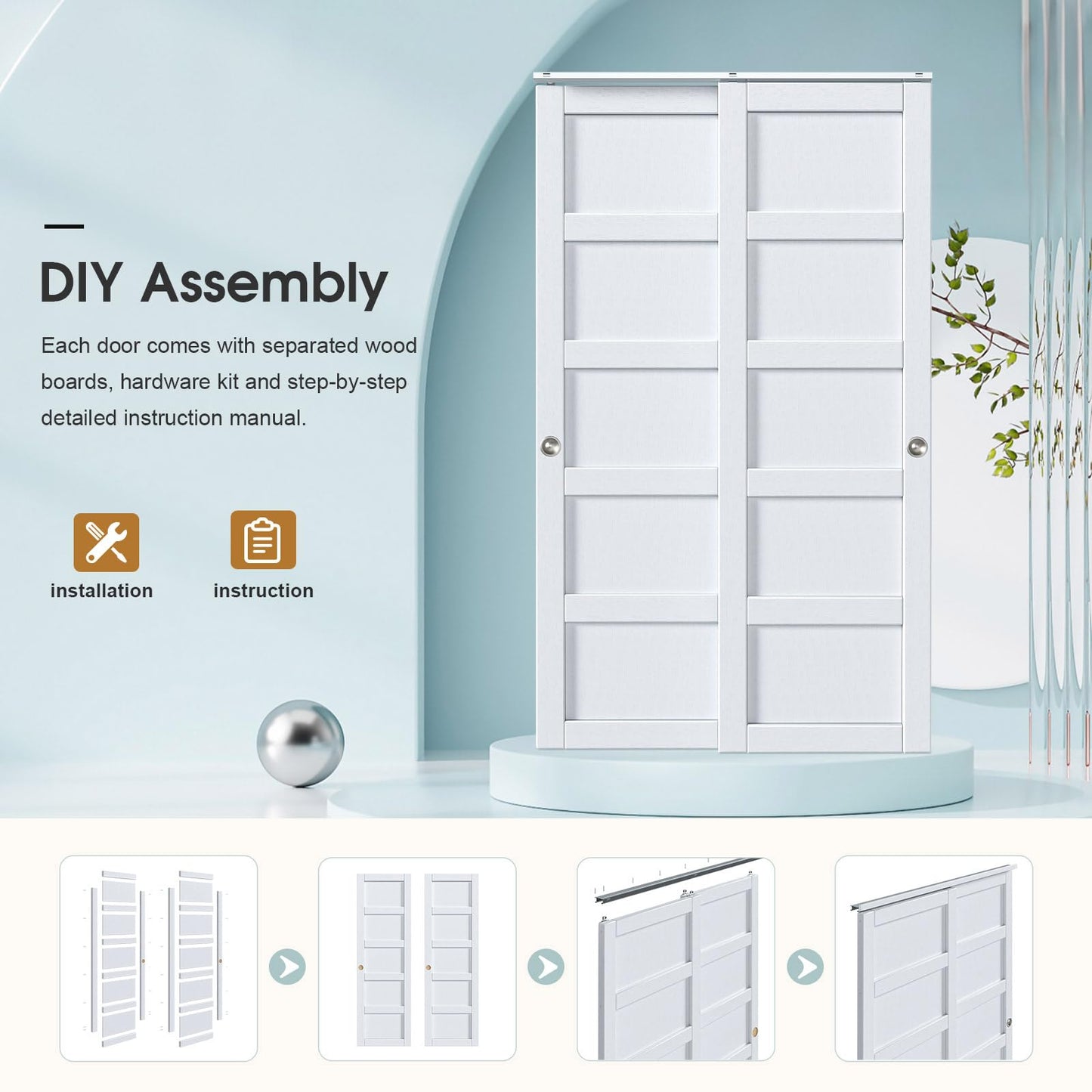 ROYMELO Sliding Closet Door 48"×80" (Double 25"), 5 Panels Bypass Barn Doors with Hardware Track Kit Included for Bedrooms Wardrobe, White, Requires DIY Assembly