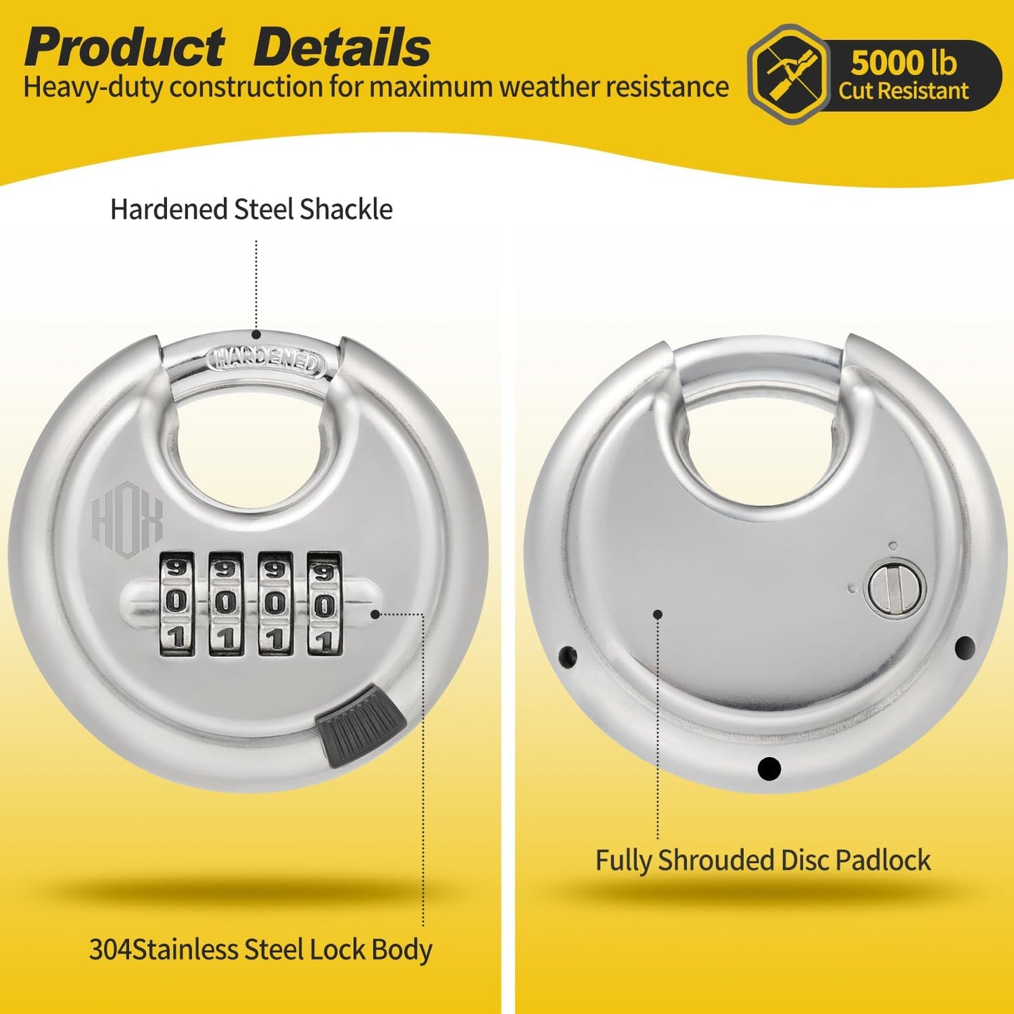 HOX Combination Lock, 4 Digit Disc Padlock with 3/8 Inch Hardened Steel Shackle, 2-3/4 Inch Wide Body, Keyless Heavy Duty Combo Lock for Hasp Latch, Sheds, Fences, Storage Locker (4 Pack)