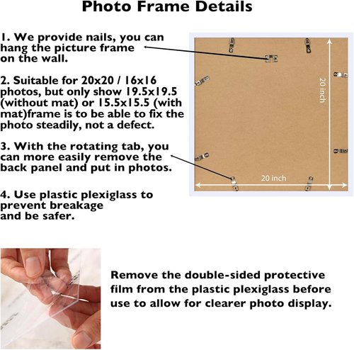 JCJMY 20x20 Picture Frame - White Wall Hanging Frame with 16x16 Mat & Shatter Resistant Plexiglass