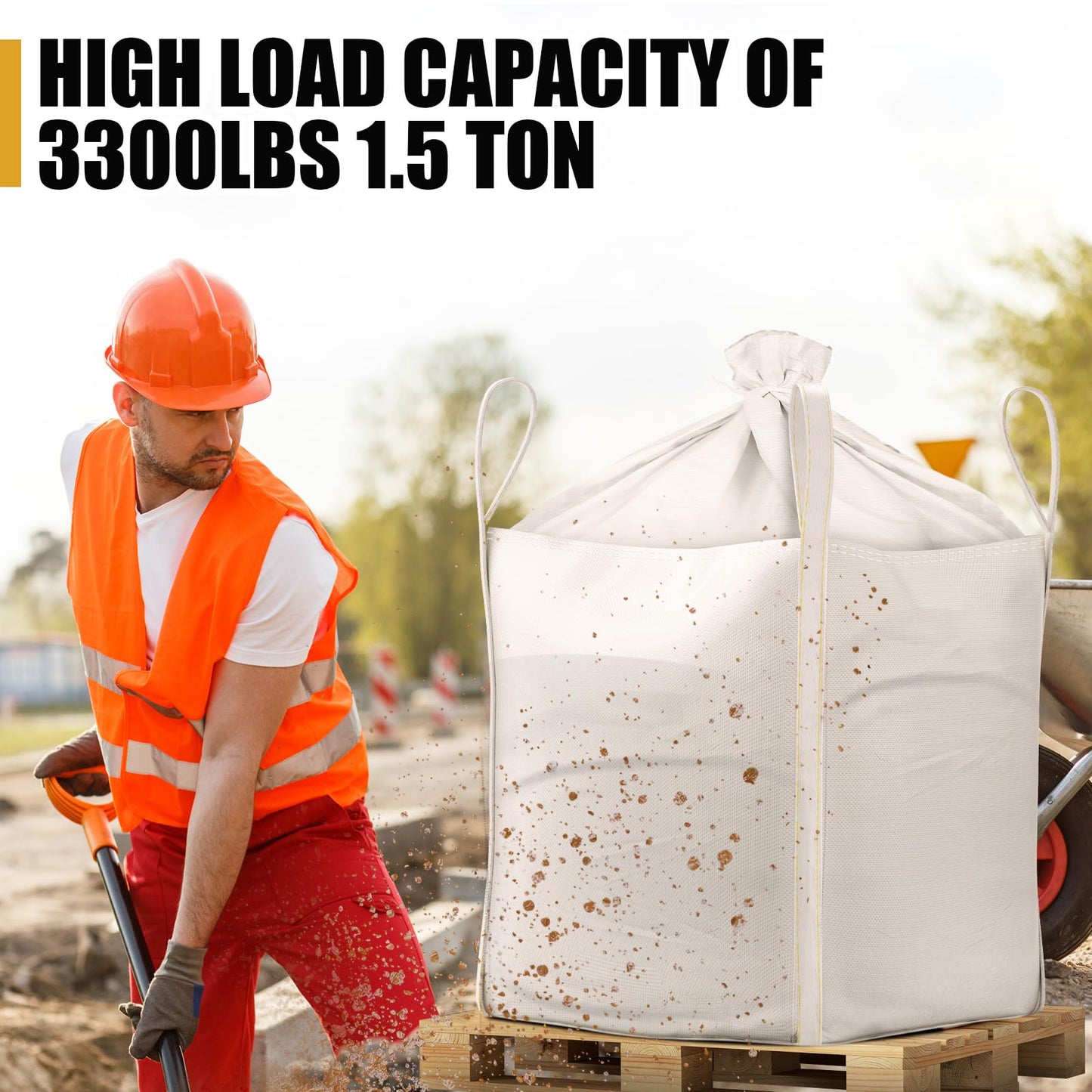 Hoolerry 10 Pcs FIBC Bulk Bag, 1.5 Ton 35" L x 35" W x 43" H 3300lbs Construction Dumpster Bag Heavy Duty Large Duffle Top Flat Bottom Woven Polypropylene Container for Sand Concrete Industrial
