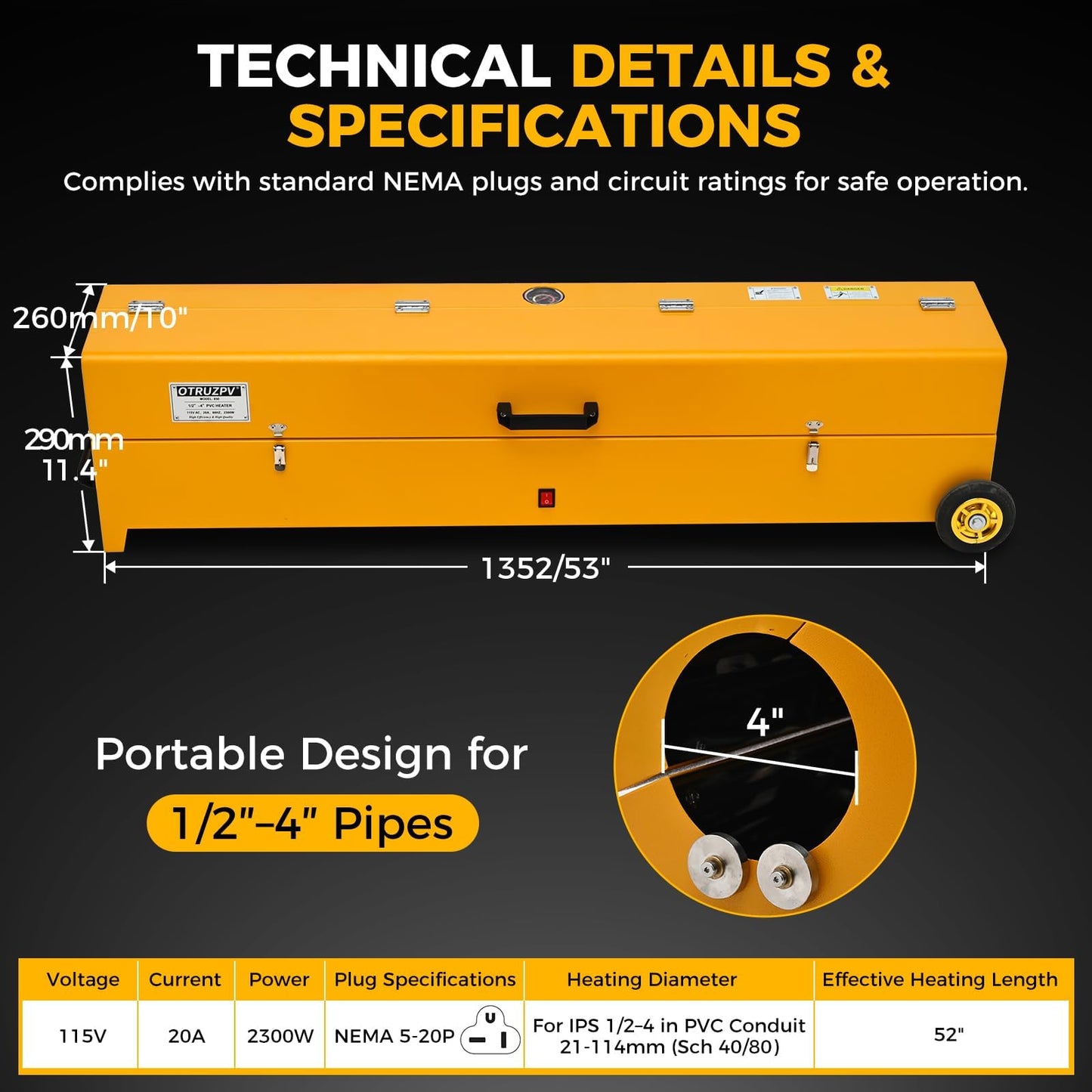 OTRUZPV 1/2" to 4" Electric PVC Conduit Heater with Temperature Detector, 2300W Portable PVC Pipe Heater