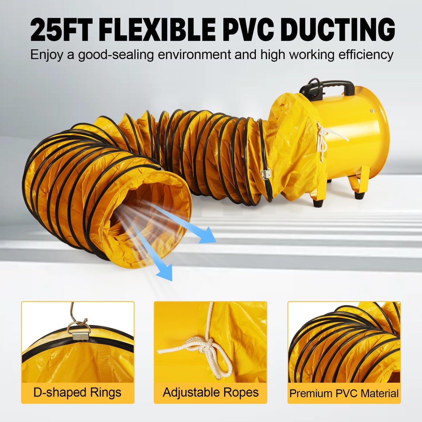 12 Inch Utility Blower Fan with 16 Ft Flexible Duct Hose, 2882 CFM High Velocity Industrial Ventilation Exhaust Fan, Portable Axial Ventilator with Ball Bearing Motor for Workshop, Basement, Job Site.