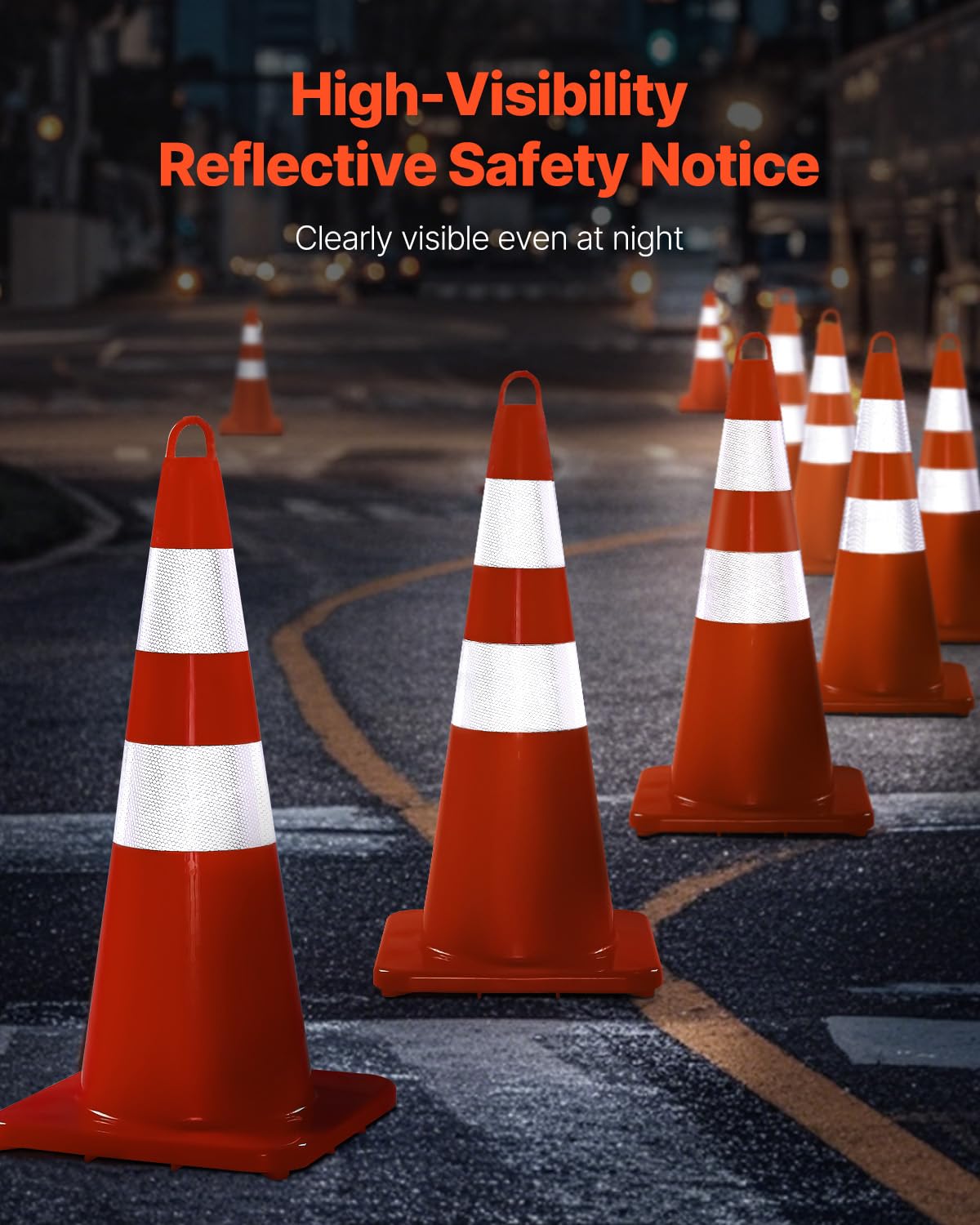 VEVOR Safety Cones, 12 x 28" Traffic Cones, PVC Orange Construction Cones, 2 Reflective Collars Traffic Cones with Weighted Base and Hand-Held Ring Used for Traffic Control, Driveway Road Parking