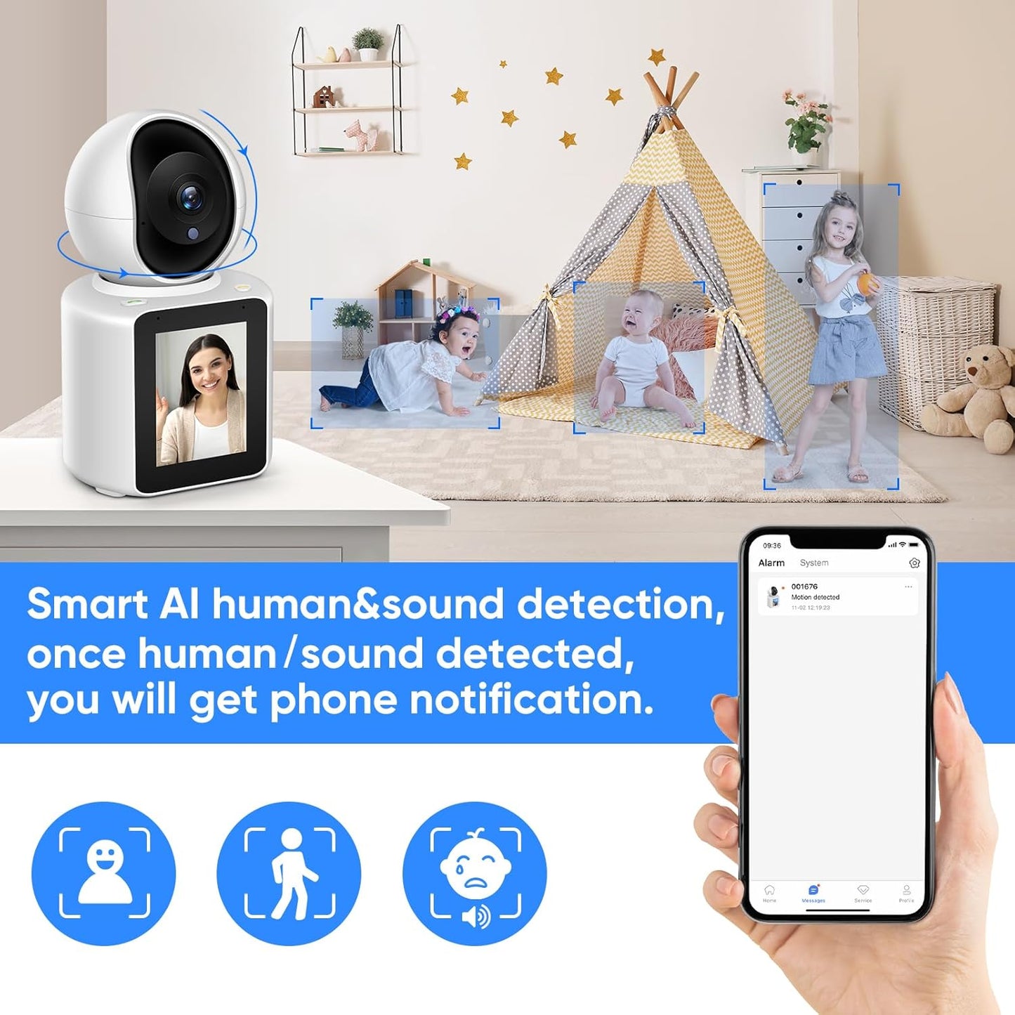 MYPIN 2K 360 Two-Way Video/Audio Indoor Camera, Child/Elder/Dog/Pet Camera with Phone App& Degrees Pan Tilt, Night
