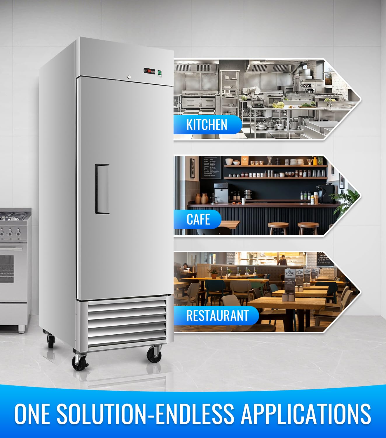 27" W Commercial Refrigerator, 23.6Cu.ft Reach-In Single Door Stainless Steel commercial fridge, 3 Shelves, Fan Cooling, Auto Defrost, Digital Thermostat - Ideal for Restaurant, Bar, Cafe, Shop