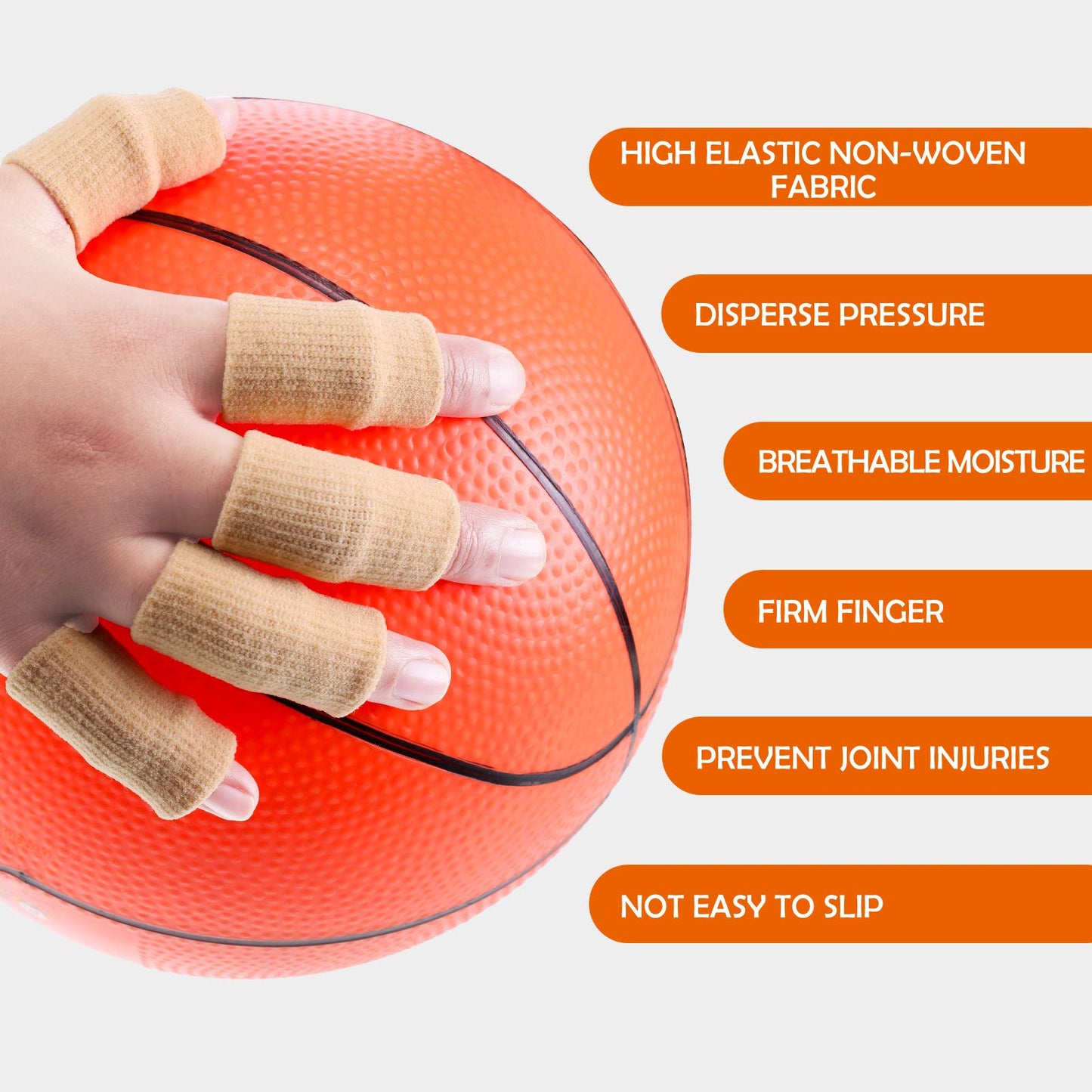 Skylety 30 Pieces Finger Sleeves with 1 Storage Bag, Thumb Splint Brace Support Protector Breathable Elastic Finger Tape for Pain Relief Arthritis Trigger Sports Basketball Baseball(Beige)