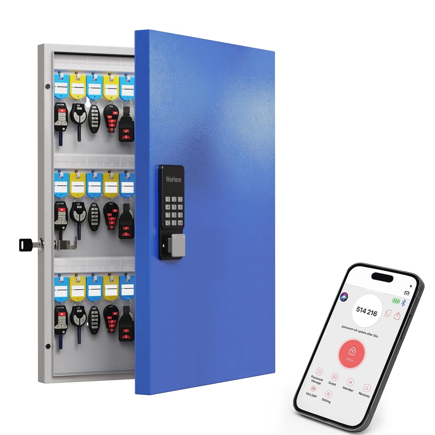 WeHere 72-Key Smart Key Lock Box, Wall-Mount Key Cabinet with Key Management App(Track Key Borrow/Return), Keypad, Bluetooth & WiFi Unlock (Sold Separately) for Commercial, School, Rental, Office