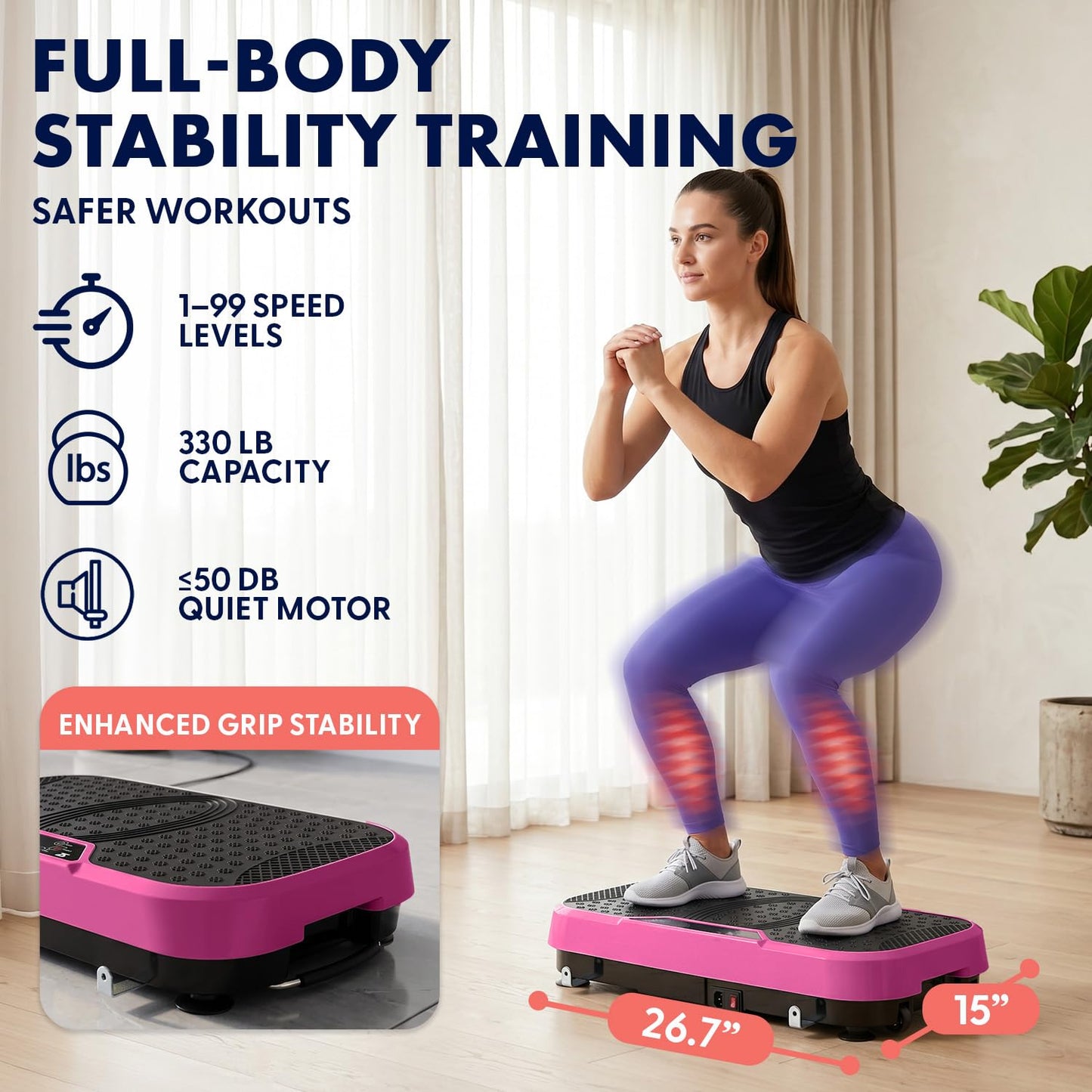 SQUATZ Vibration Plate Exercise Machine, Vibration Plate with Handles and 1-99 Speed Levels, 10 Preset Programs, Quiet Low-Impact Home Fitness Platform with Remote Control, Portable Design, Pink