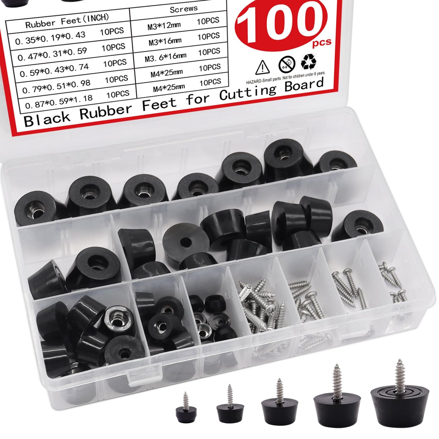 smseace 100PCS(5 Sizes) Rubber Feet for Cutting Board, Built-in Stainless Steel Washer and Screws, Non-Slip Rubber Feet for Furniture, Electronics, Tables, Sofas