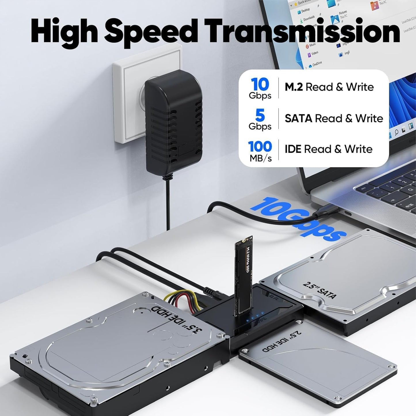 FEMORO 4-in-1, M.2 10Gbps 12V/2A M.2 2.5" 3.5" Hard Drive Reader SATA IDE to USB Docking Station, NVME Dock, Computer