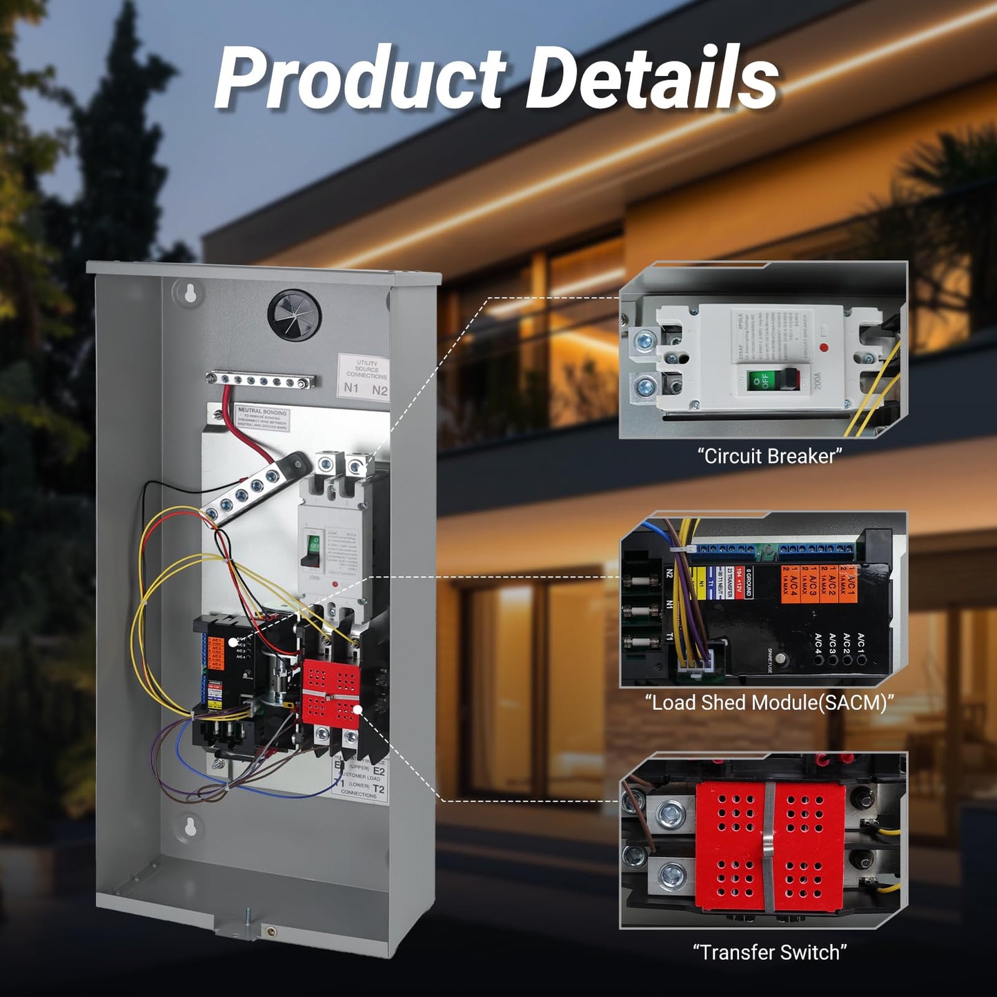 KERWINN Universal 200A Automatic Transfer Switch with Power Management,Replacement for Generac RXSW200A3. Features a Rugged NEMA 3R Aluminum Enclosure for Outdoor use.