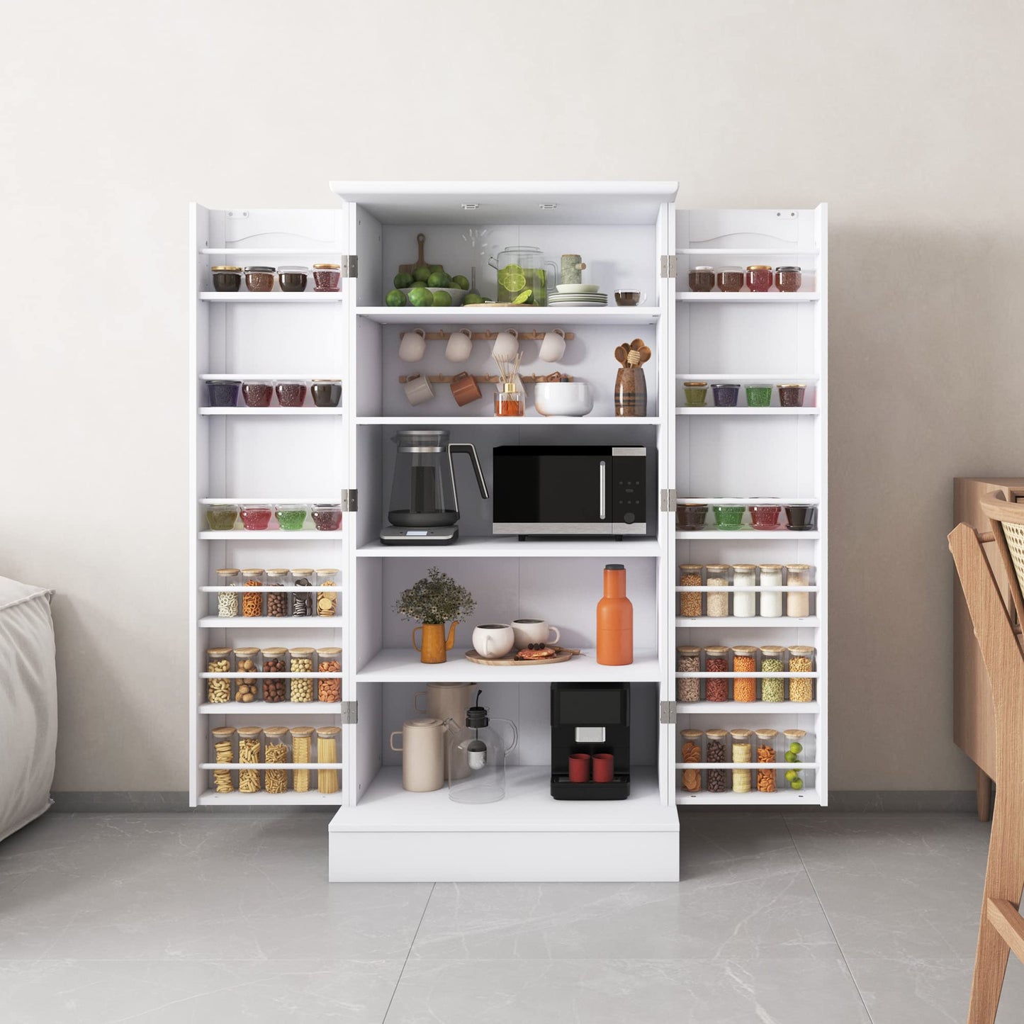 kepptory 47” Pantry Cabinet, Kitchen Pantry Storage Cabinet with Doors and Adjustable Shelves,Freestanding Buffet Cupboards Sideboard for Living Room and Dinning Room (White)
