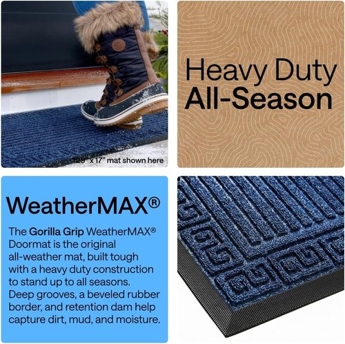 GORILLA GRIP Waterproof All-Season Doormat - Natural Rubber, Stain & Fade Resistant, 29x17, Navy Greek Keys