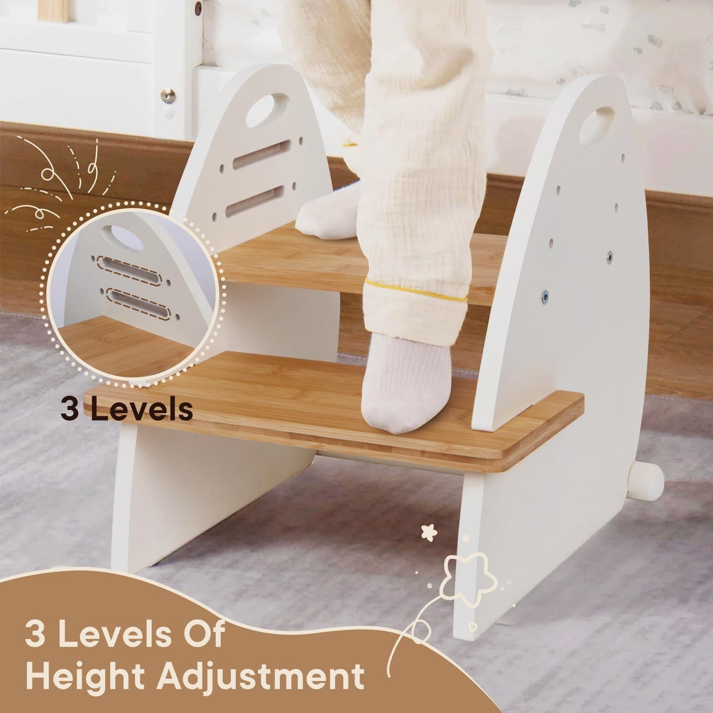 TIKSPCAE Wooden 2 Step Stool for Kids,Toddler Adjustable Triple Height Step Stool,Bamboo Bird-Shaped Design,300lbs Capacity,Ideal for Bathroom,Kitchen,Bedroom
