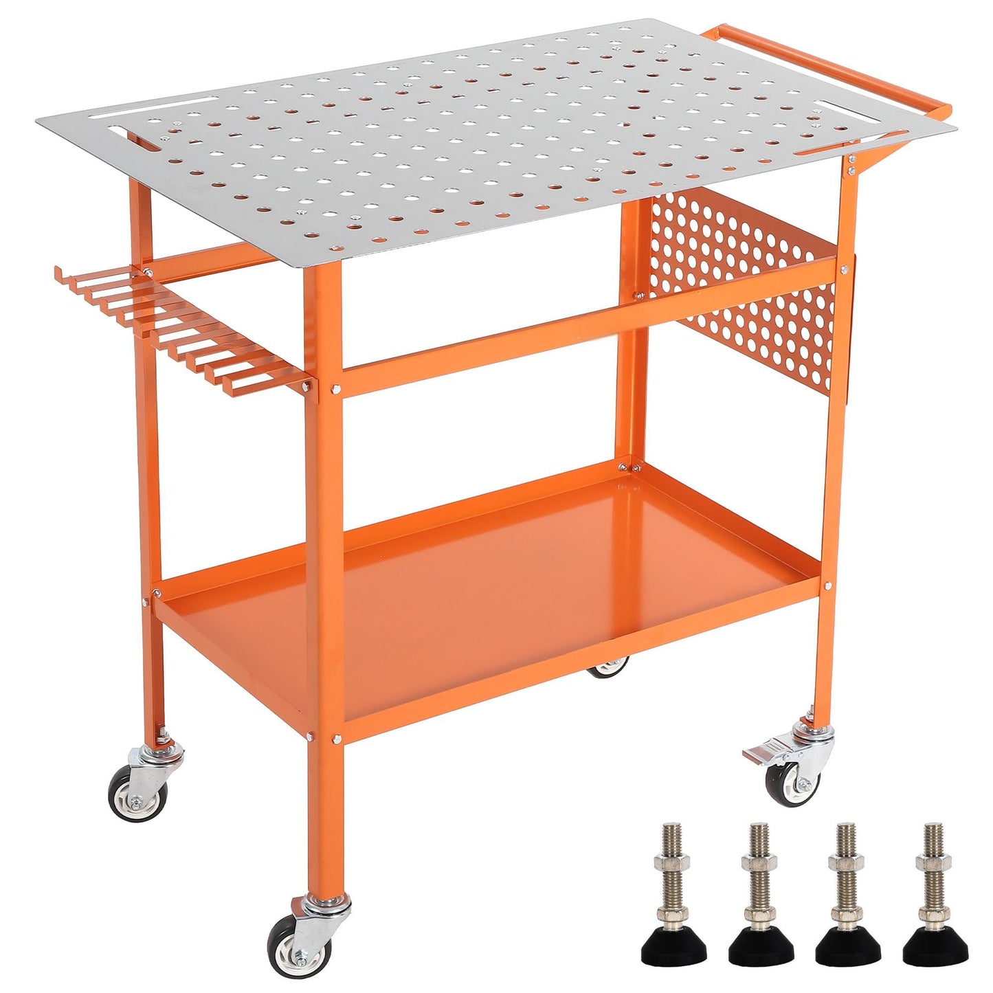 Welding Table, 36" x 24" Portable Welding Workbench, 800LBS Movable Garage Work Bench with 4 Wheels (2 with Brake) & 4 Leveling Feet, Double-Layer Storage Side Pegboard and Hooks