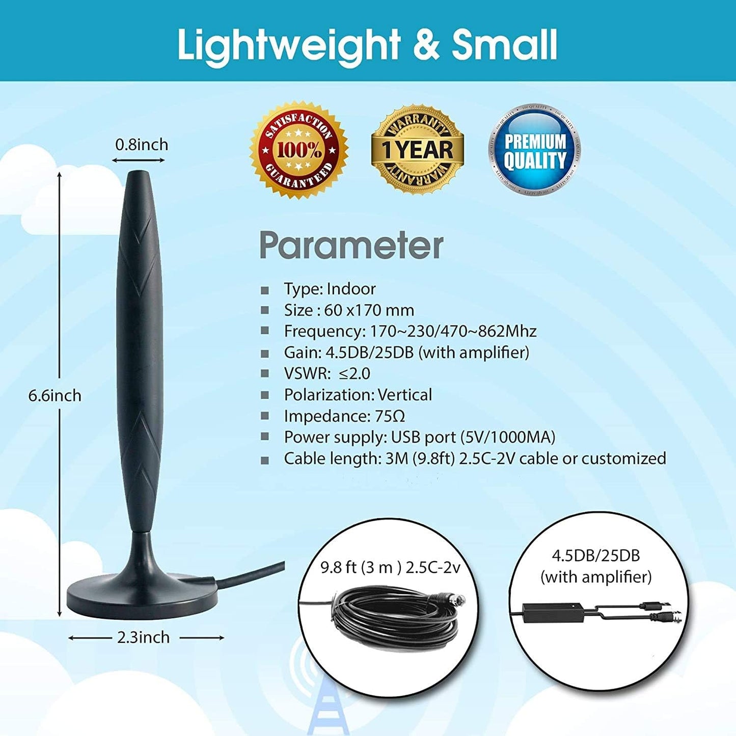 Merajab 9.8f TV Antenna for Digital Indoor-HD High Definition Television Smart Signal Strength Amplifier Premium Power