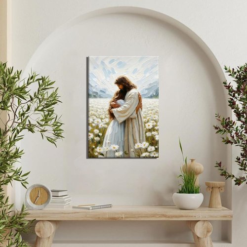Jesus Hugging Girl Canvas Wall Art - Modern Christian Healing Embrace | 12x16in Wall Decor for Living Room, Bedroom