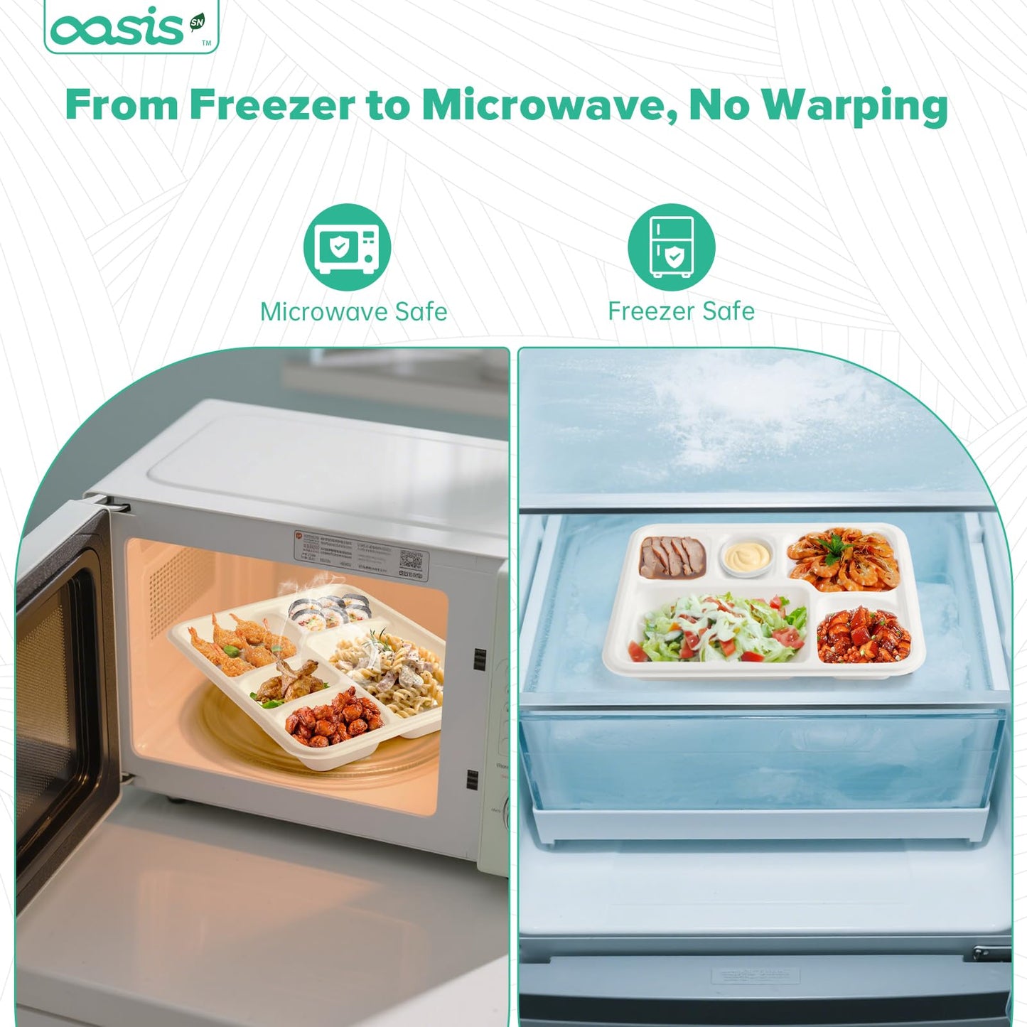 OasisSN 10x8 128-Pack 5-Compartment Divided Plates, Ideal for Light Meals, Kids Lunch, Meal Prep & Party, Heavy Duty Compostable Bagasse Plates, Microwave Safe, White
