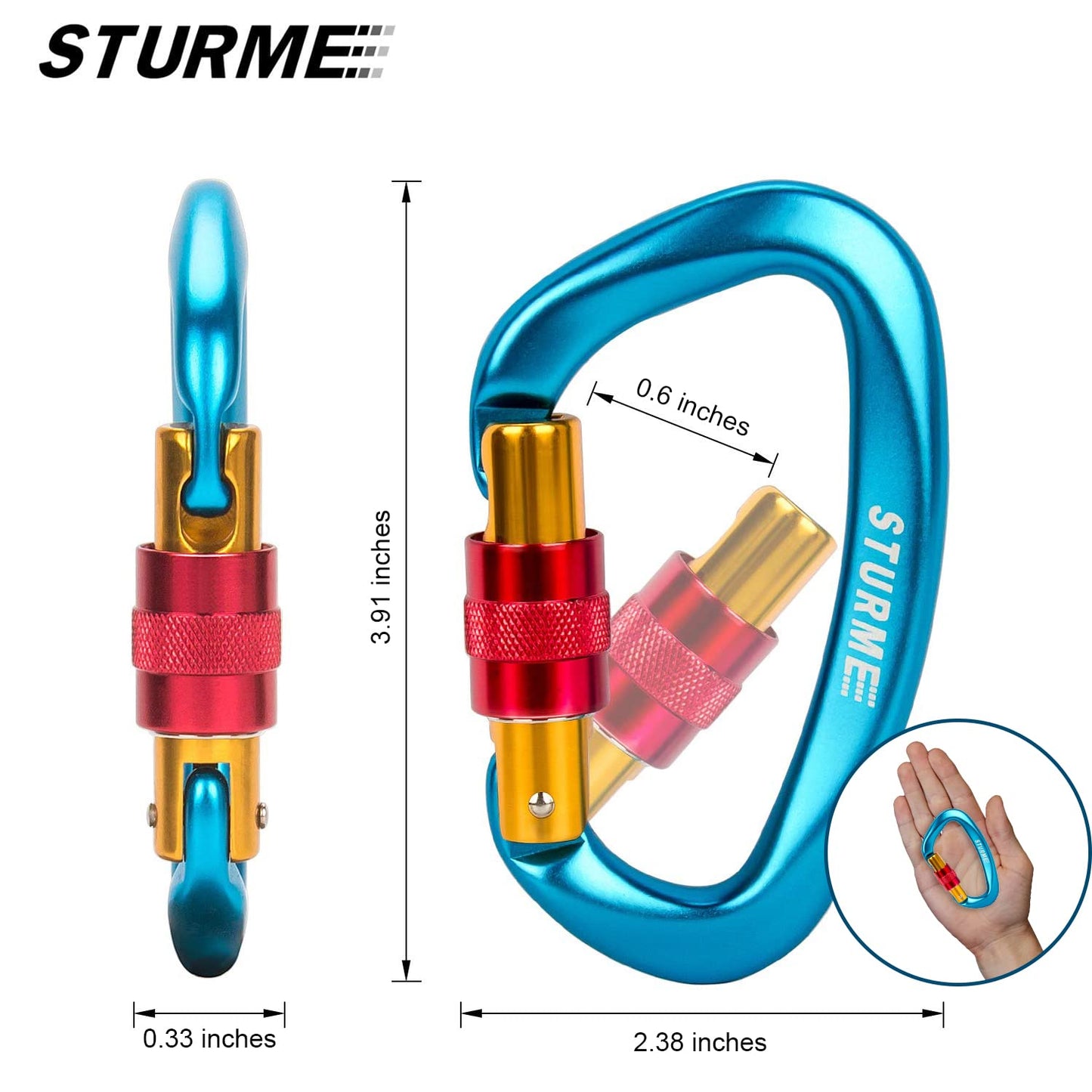 STURME UIAA Certified Climbing Carabiner Clips, 2 Pack 25KN(5623lbs) Screwgate Locking Carabiner Heavy Duty Caribeener Clips, Large Carabiner D Ring for Rock Climbing & Mountaineering