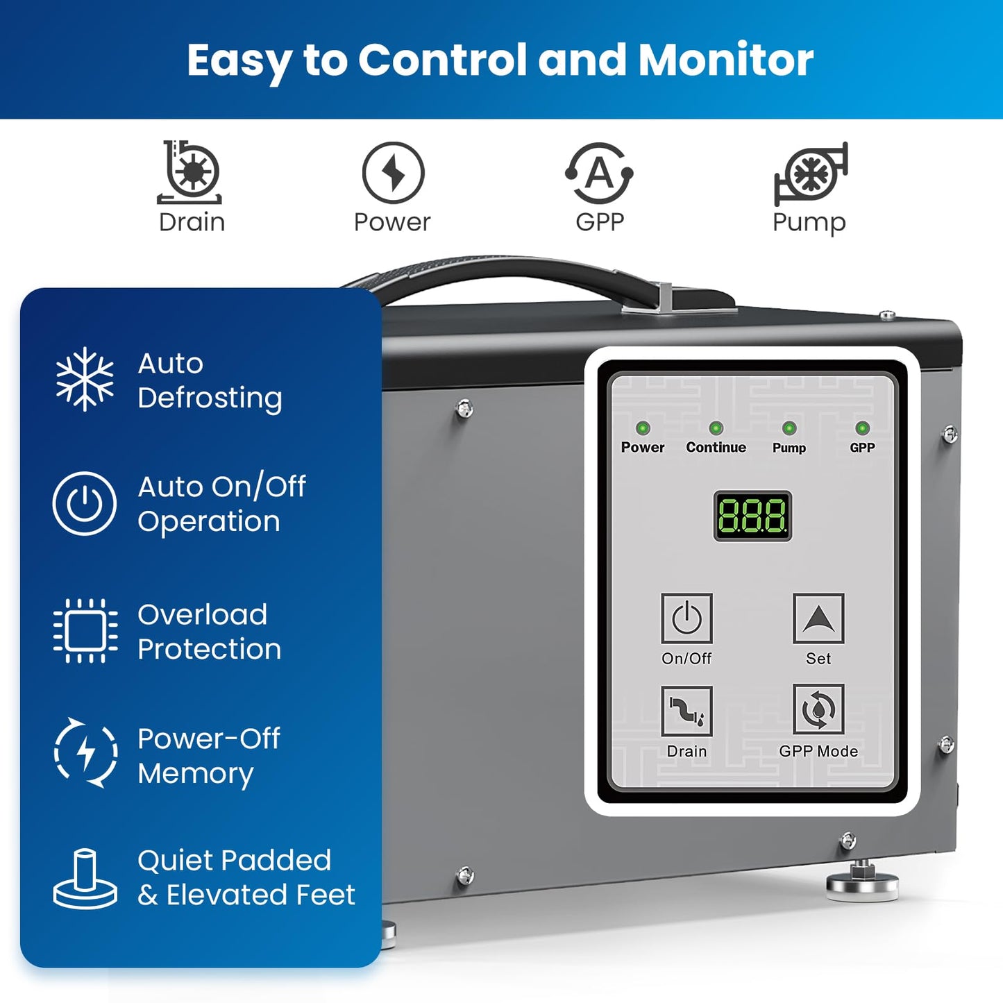 BaseAire Crawlspace Dehumidifier with Pump, Intelligent Dehumidifiers for Commercial, Basement, 70 pints, Compact, Auto Defrost, Memory Starting, Up to 1000 Sq Ft