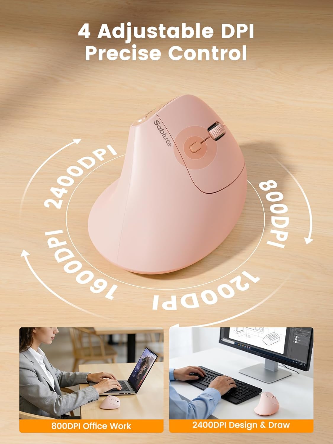 SABLUTE MAM3 4 Ergonomic Mouse, Rechargeable Wireless Vertical Mouse with Adjustable DPI for Small/Medium Hands
