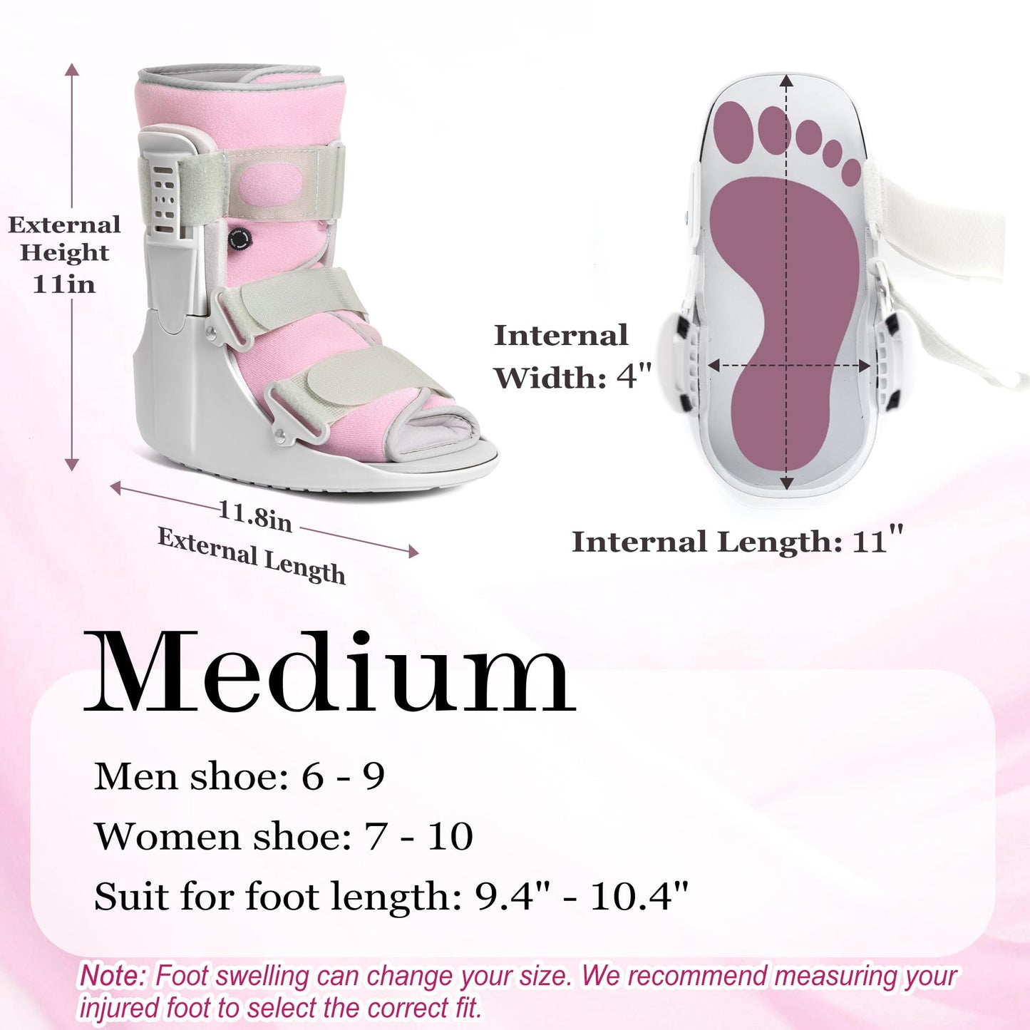 Jewlri Walking Boot for Broken Foot, Air Cam Walker Boot for Foot Injury Adjustable Fracture Support for Sprained Ankle, Grey Shell with Light Pink Lining for Women Medium