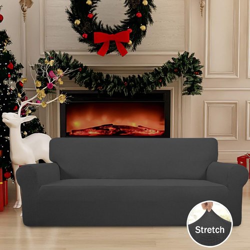 Easy-Going Stretch Sofa Slipcover - Soft Elastic Bottom Furniture Protector in Dark Gray, Small Checks