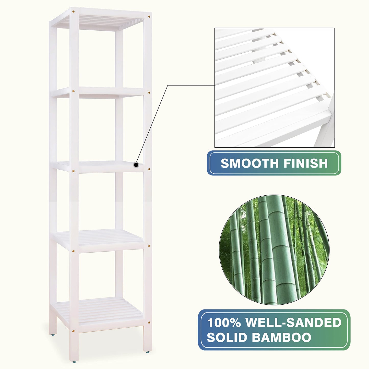 SMIBUY Bathroom Storage Shelf, 4-Tier & 5-Tier Bamboo Rack Organizer, Multifunctional Shelving Unit for Living Room Bedroom Kitchen (White)