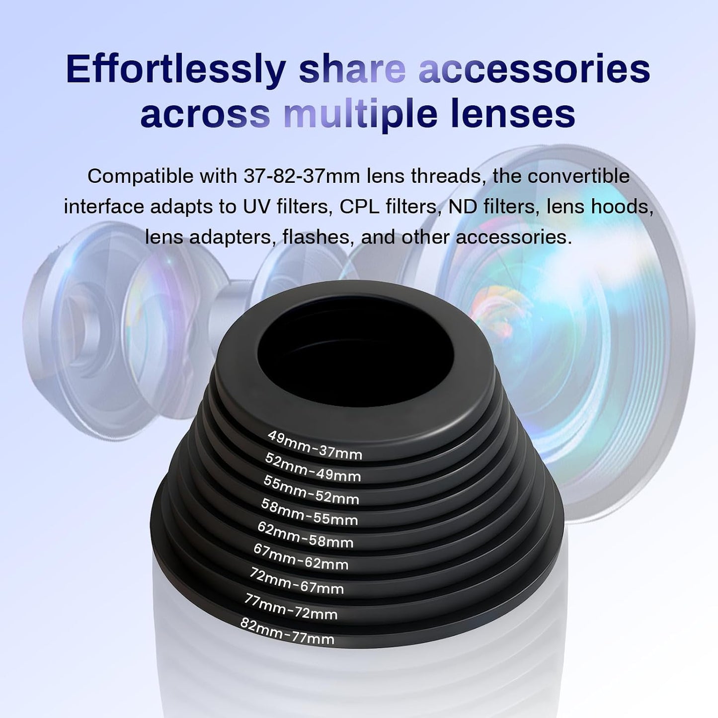 Wokyo 82mm-37mm 82mm 37mm Step Down Lens Filter Adapter Ring, Camera Lens Filter Metal Stepping Rings Kit Black